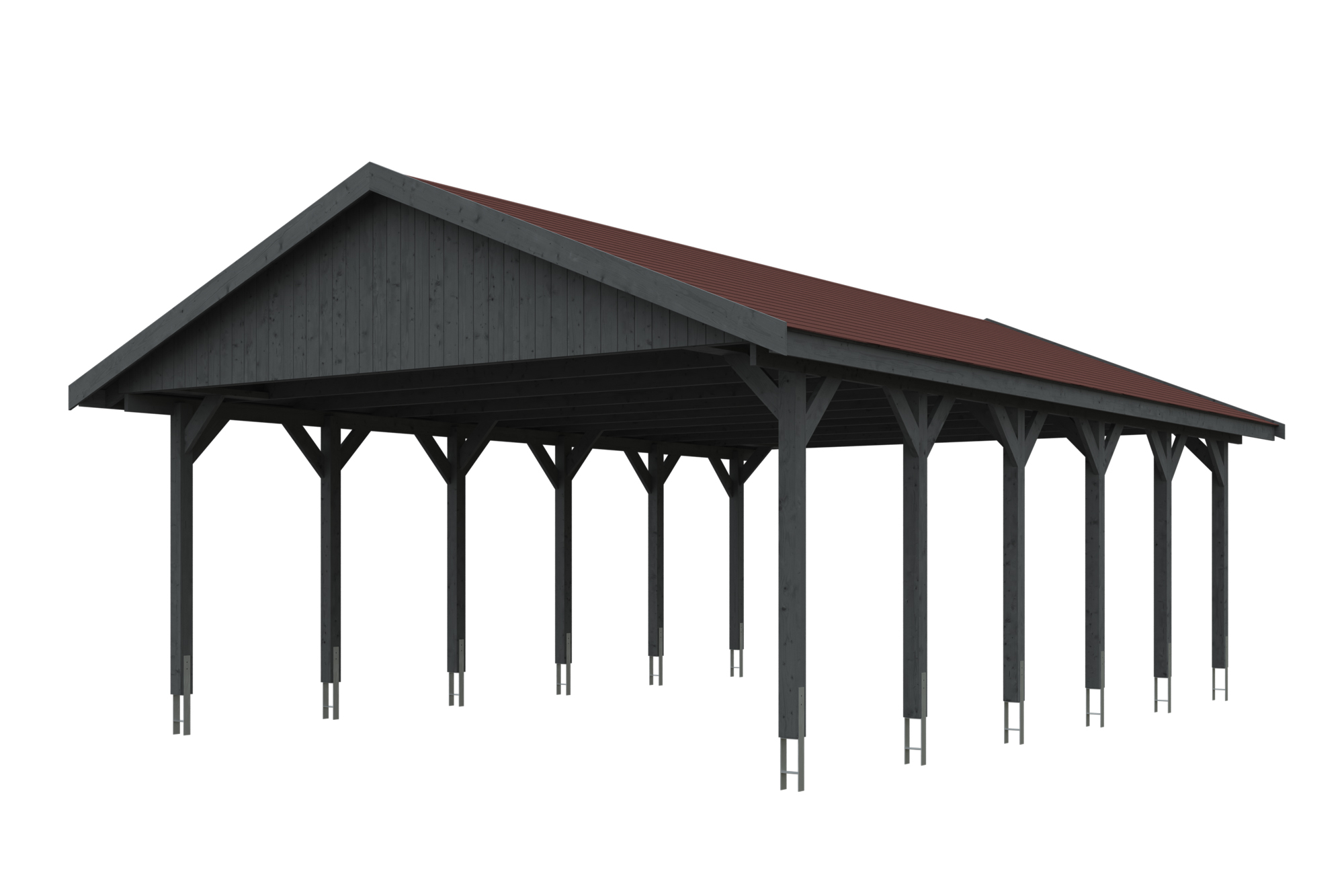 Produktbild: Carport Wallgau 620 x 900 cm, mit roten Dachschindeln, farblich behandelt in schiefergrau