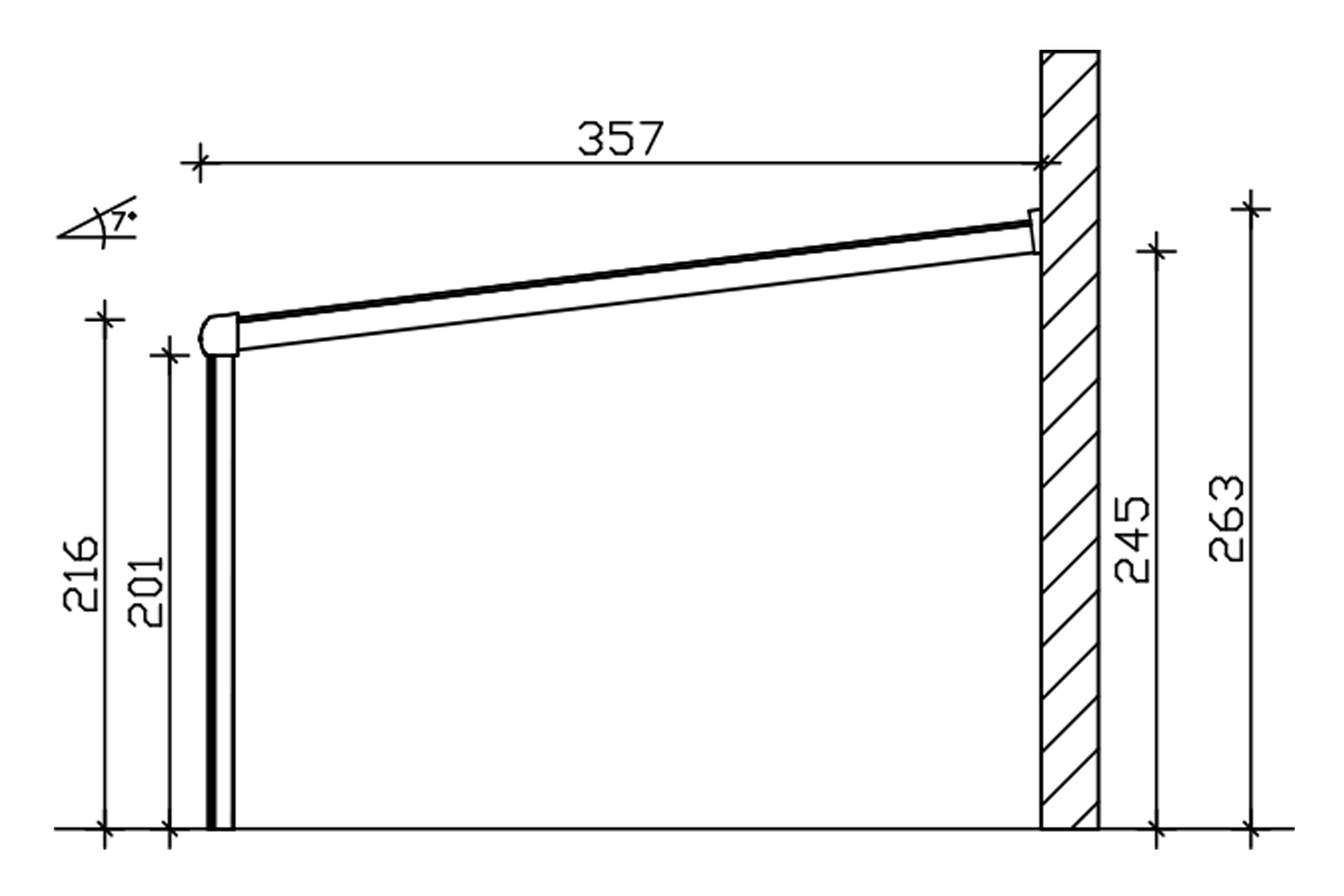 Grafik (Schnitt): Terrassenüberdachung Garda, Tiefe 357 cm