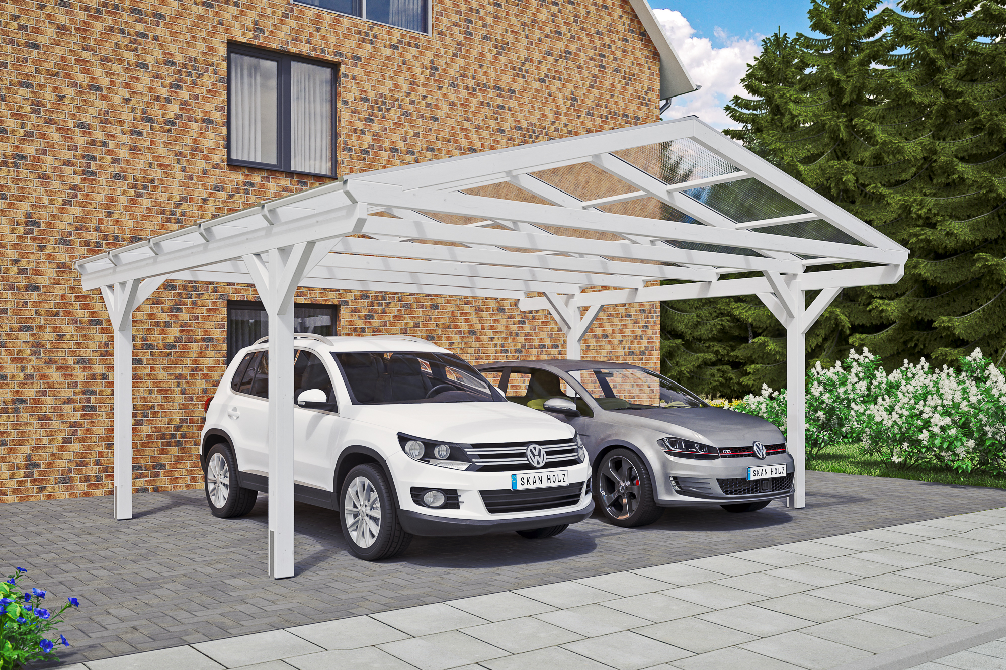 Carport Westerwald 570 x 541 cm, gelakt in wit, met polycarbonaatplaten