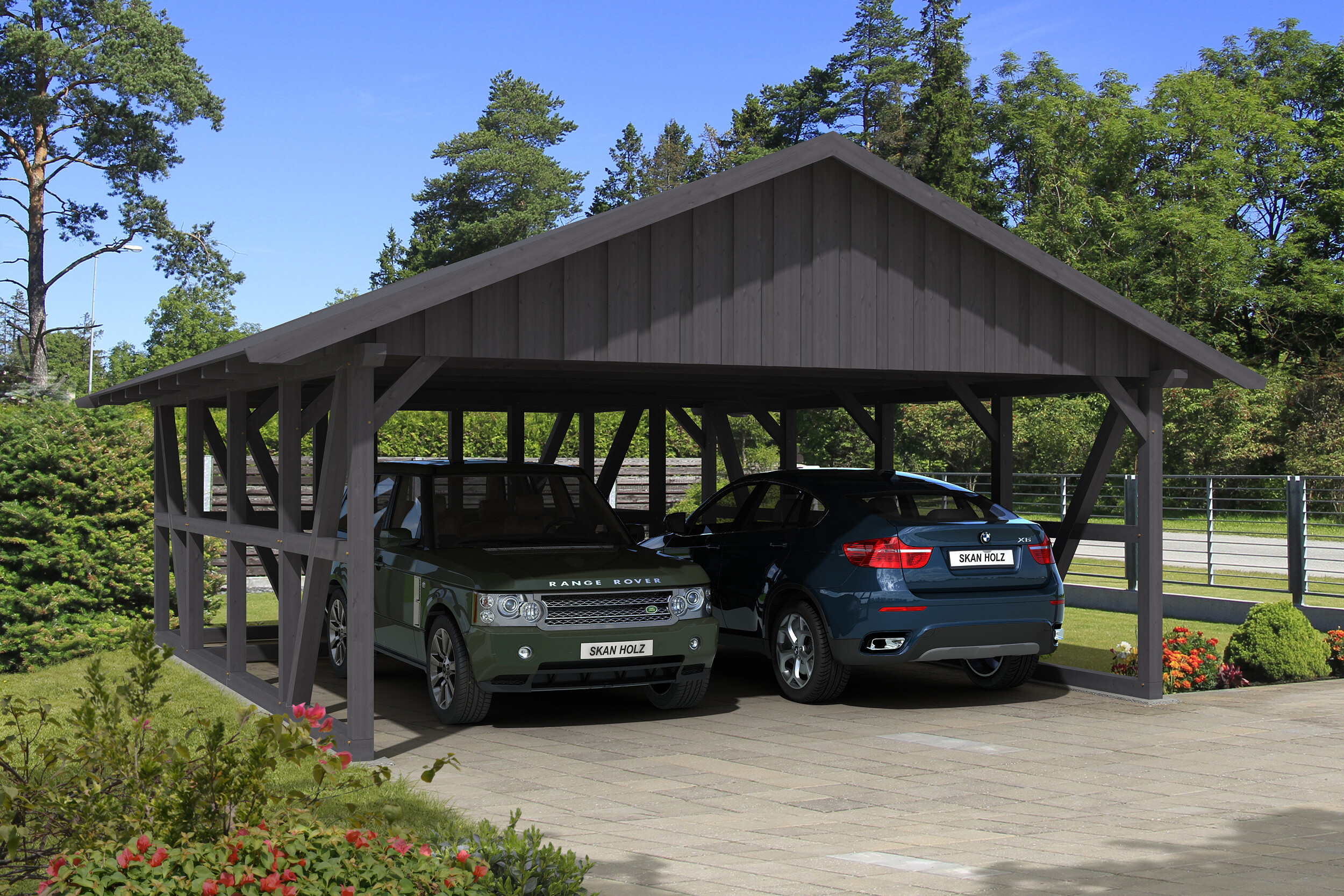 Carport Schwarzwald 684 x 772 cm mit Abstellraum 2, schiefergrau, mit Dachschalung