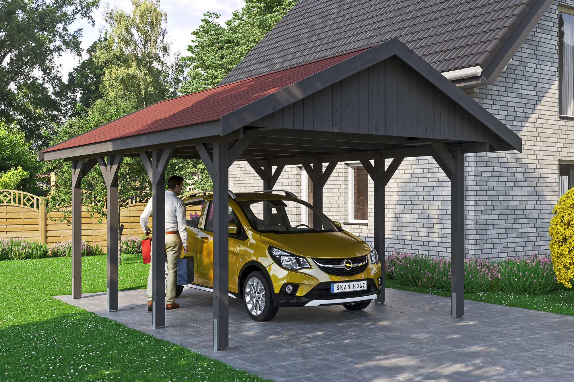 Ambientebild: Carport Wallgau 430 x 600 cm, mit roten Dachschindeln, farblich behandelt in schiefergrau