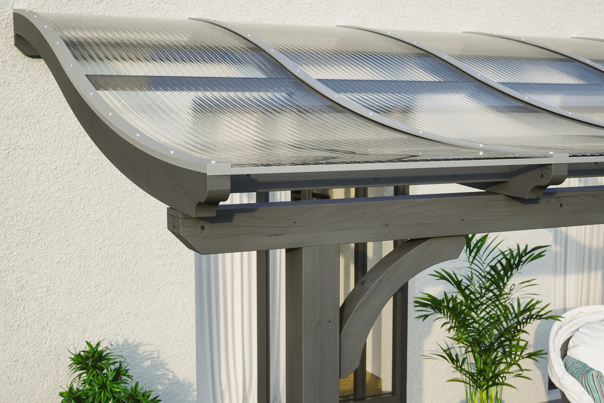 Detailbild einer Terrassenüberdachung Venezia farblich behandelt in schiefergrau mit Blick seitlich auf das Dach