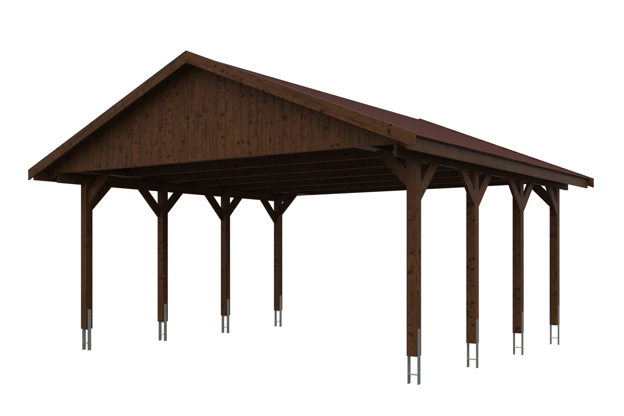 Produktbild: Carport Wallgau 620 x 600 cm, mit roten Dachschindeln, farblich behandelt in nussbaum