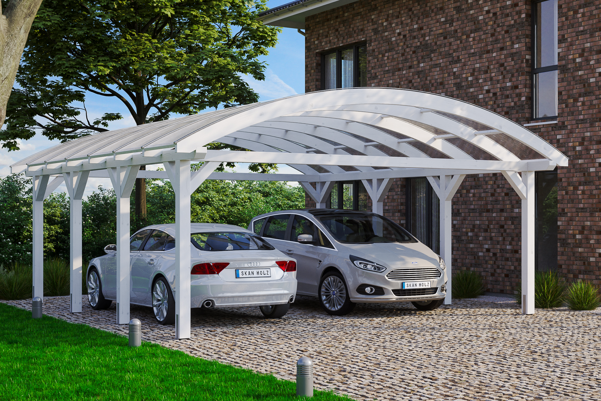 Ambientebild: Carport Franken 635 x 755 cm, farblich behandelt in weiß