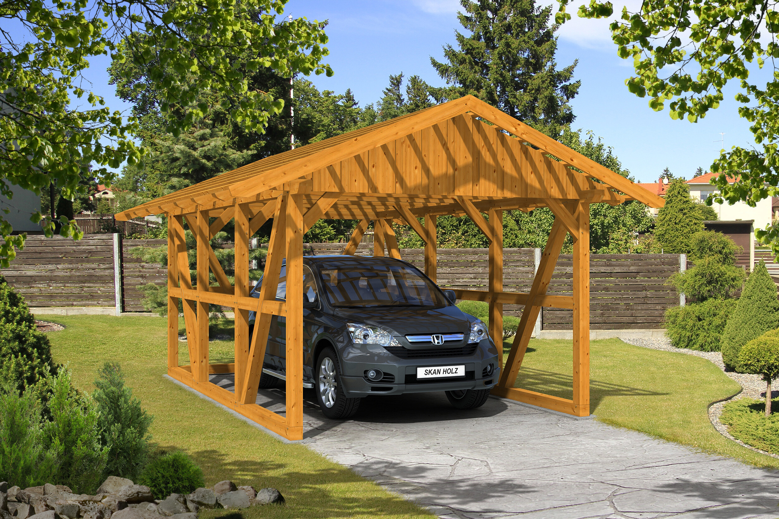 Carport Schwarzwald 424 x 600 cm mit Rückwand, eiche hell, mit Dachlattung