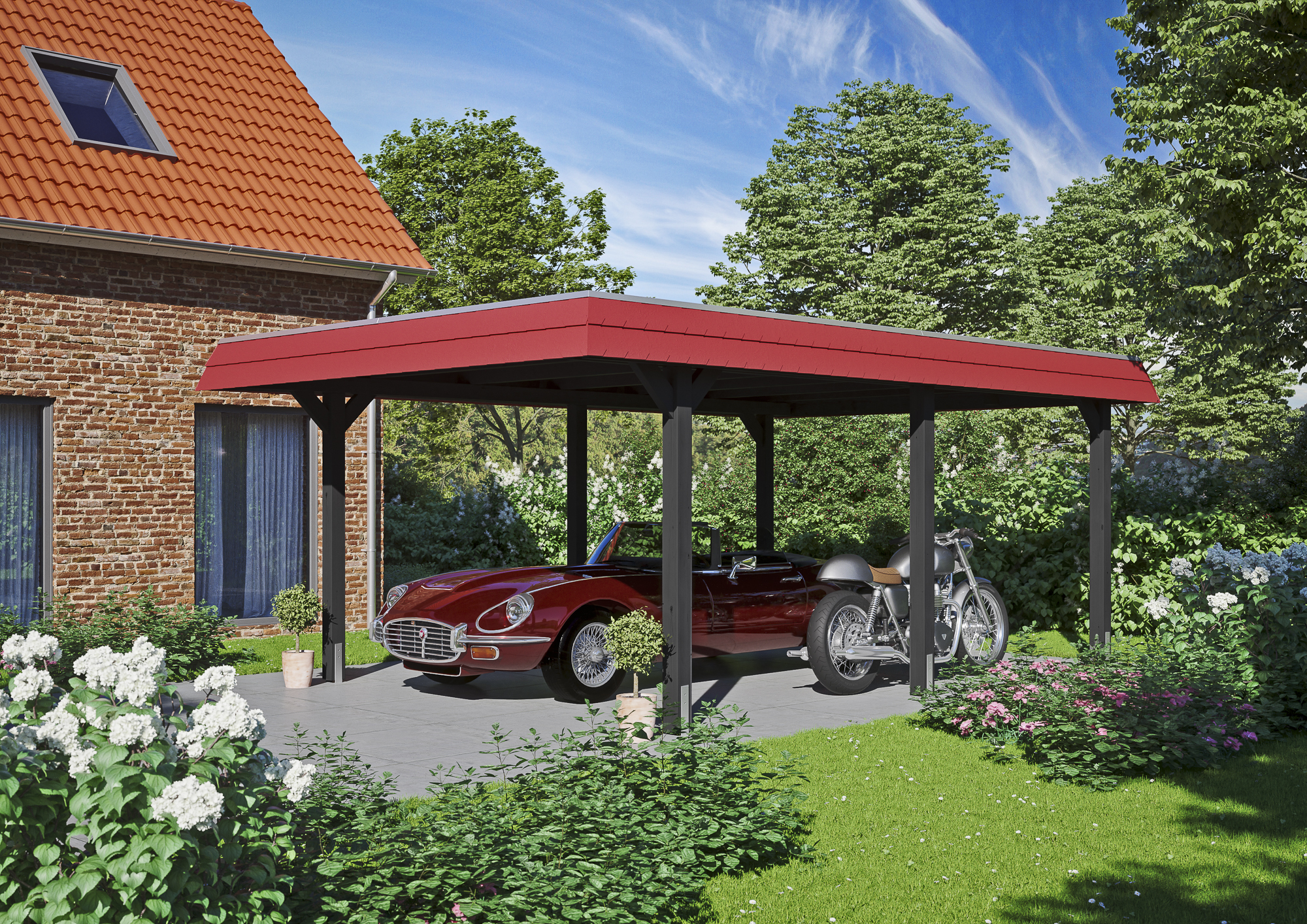 Ambientebild: Carport Wendland 409 x 628 cm, mit roter Blende, farblich behandelt in anthrazit