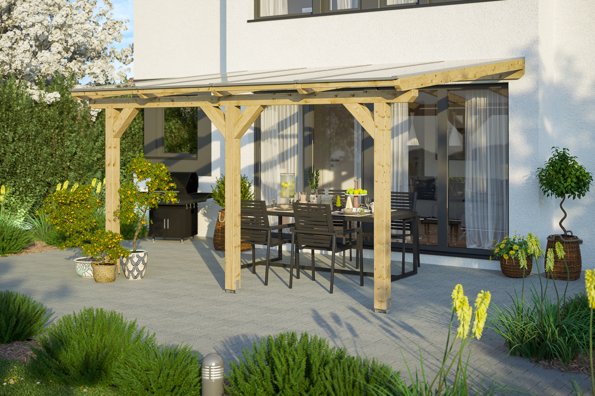 Terrasoverkapping Andria 434 x 400 cm, gelamineerd hout, onbehandeld