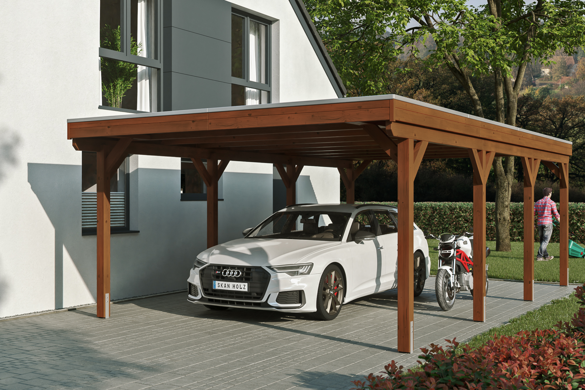 Ambientebild: Carport Grunewald 427 x 796 cm, farblich behandelt in nussbaum