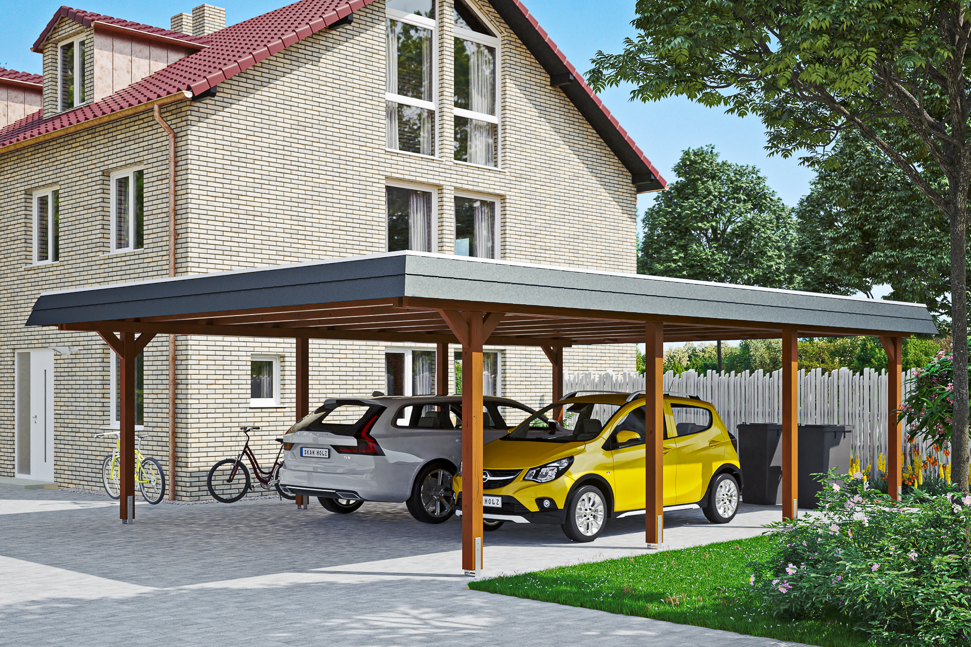 Ambientebild: Carport Wendland 630 x 879 cm, mit schwarzer Blende, farblich behandelt in nussbaum