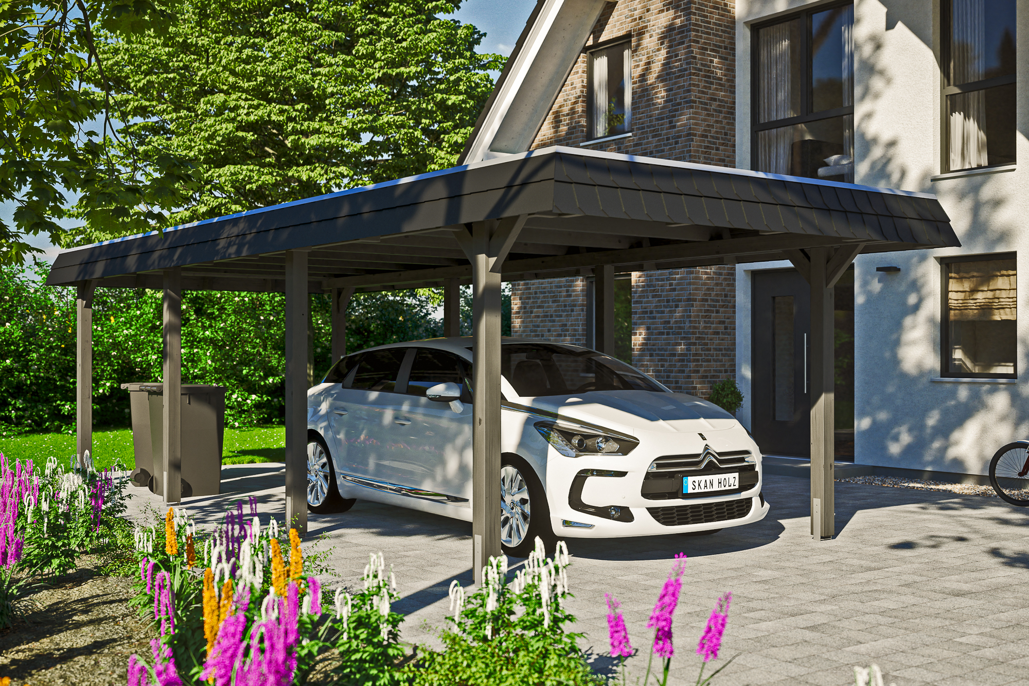 Ambientebild: Carport Wendland 362 x 870 cm, mit schwarzer Blende, farblich behandelt in schiefergrau