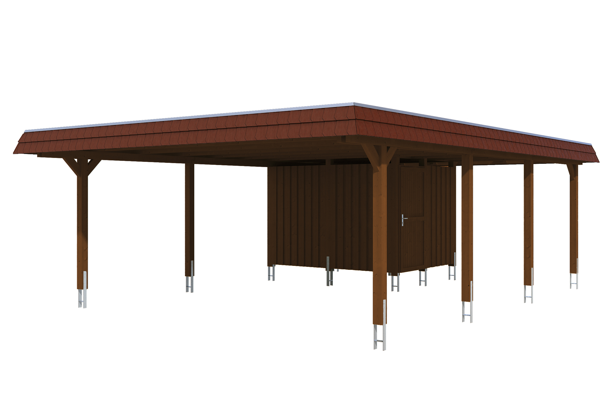 Produktbild: Carport Wendland 630 x 879 cm, mit Abstellraum, mit roter Blende, farblich behandelt in nussbaum