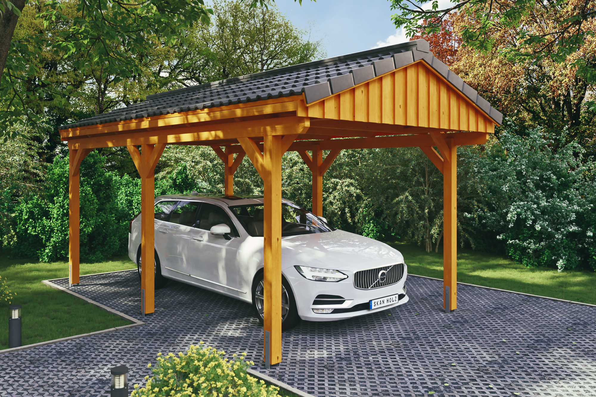 Ambientebild: Carport Fichtelberg 317 x 566 cm, farblich behandelt in eiche hell, mit Dachziegeln