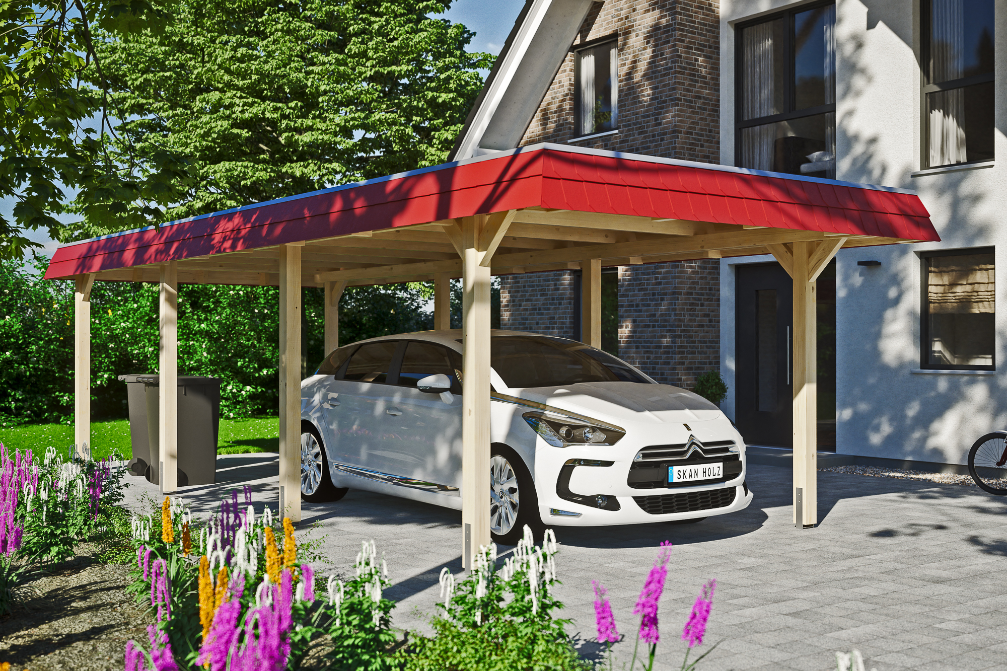 Ambientebild: Carport Wendland 362 x 870 cm, mit roter Blende
