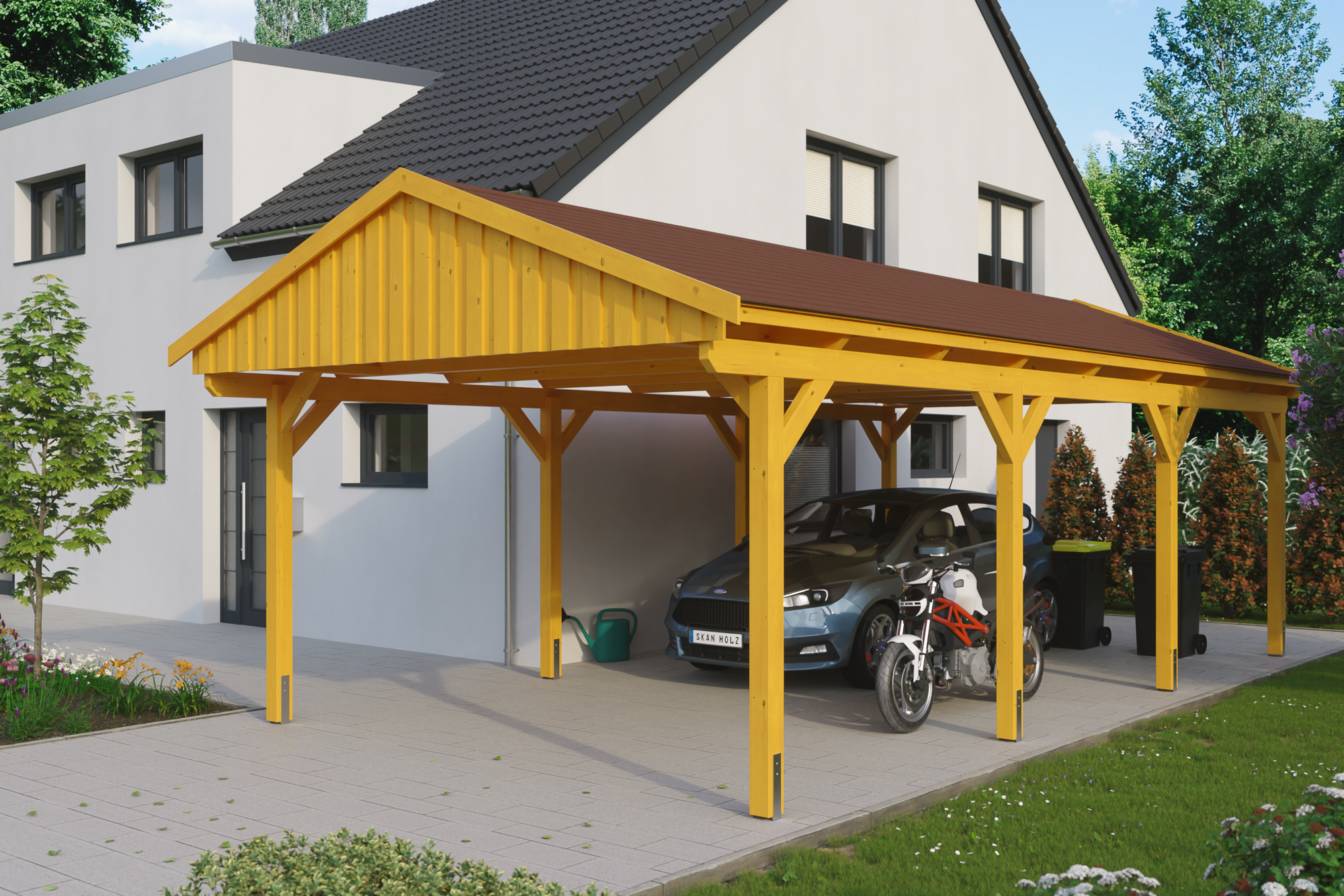 Ambientebild: Carport Fichtelberg 423 x 808 cm, farblich behandelt in eiche hell, mit roten Dachschindeln