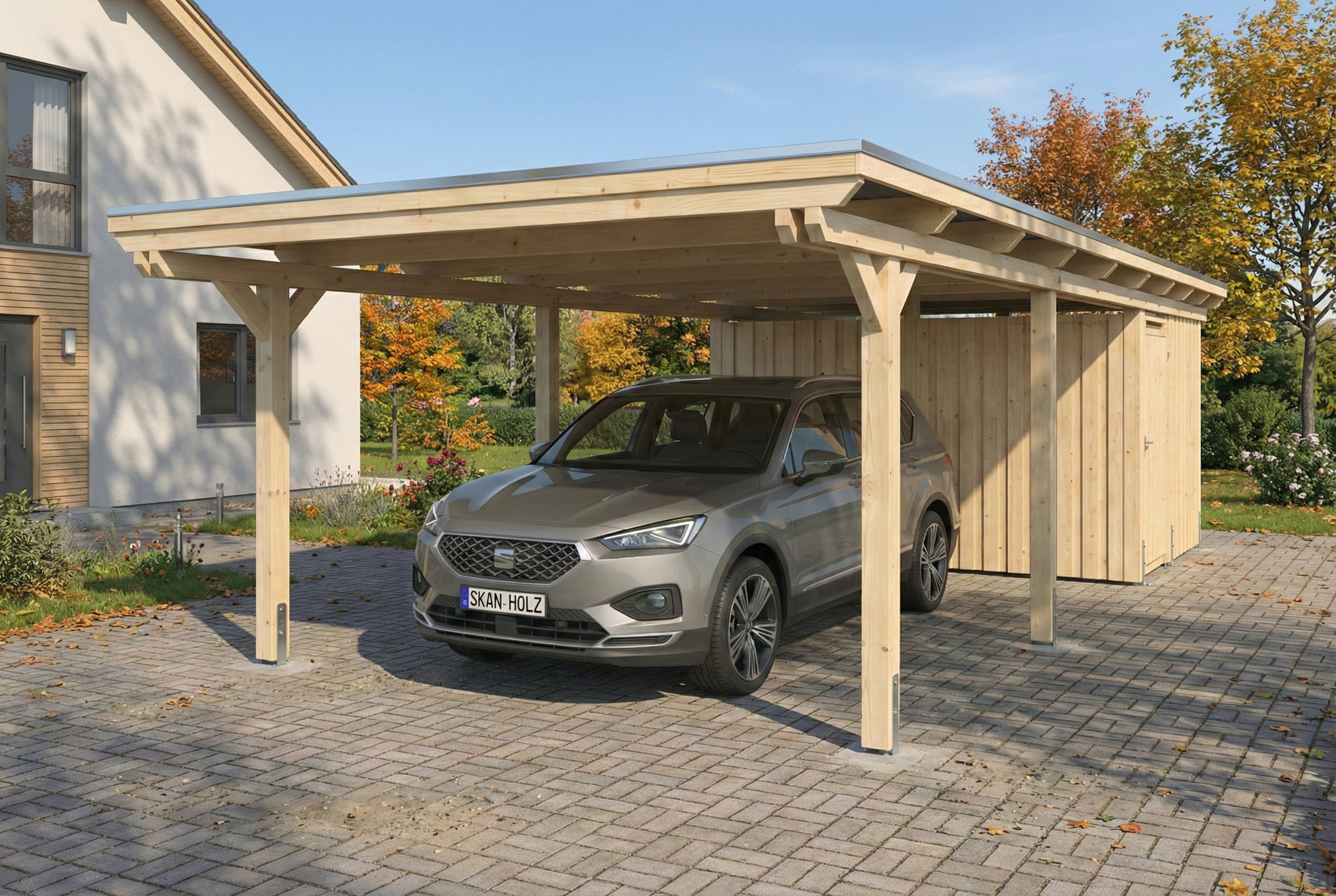 Carport Emsland 402 x 846 cm, panneaux de toit en acier avec non-tissé anti-condensation, avec remise, naturel