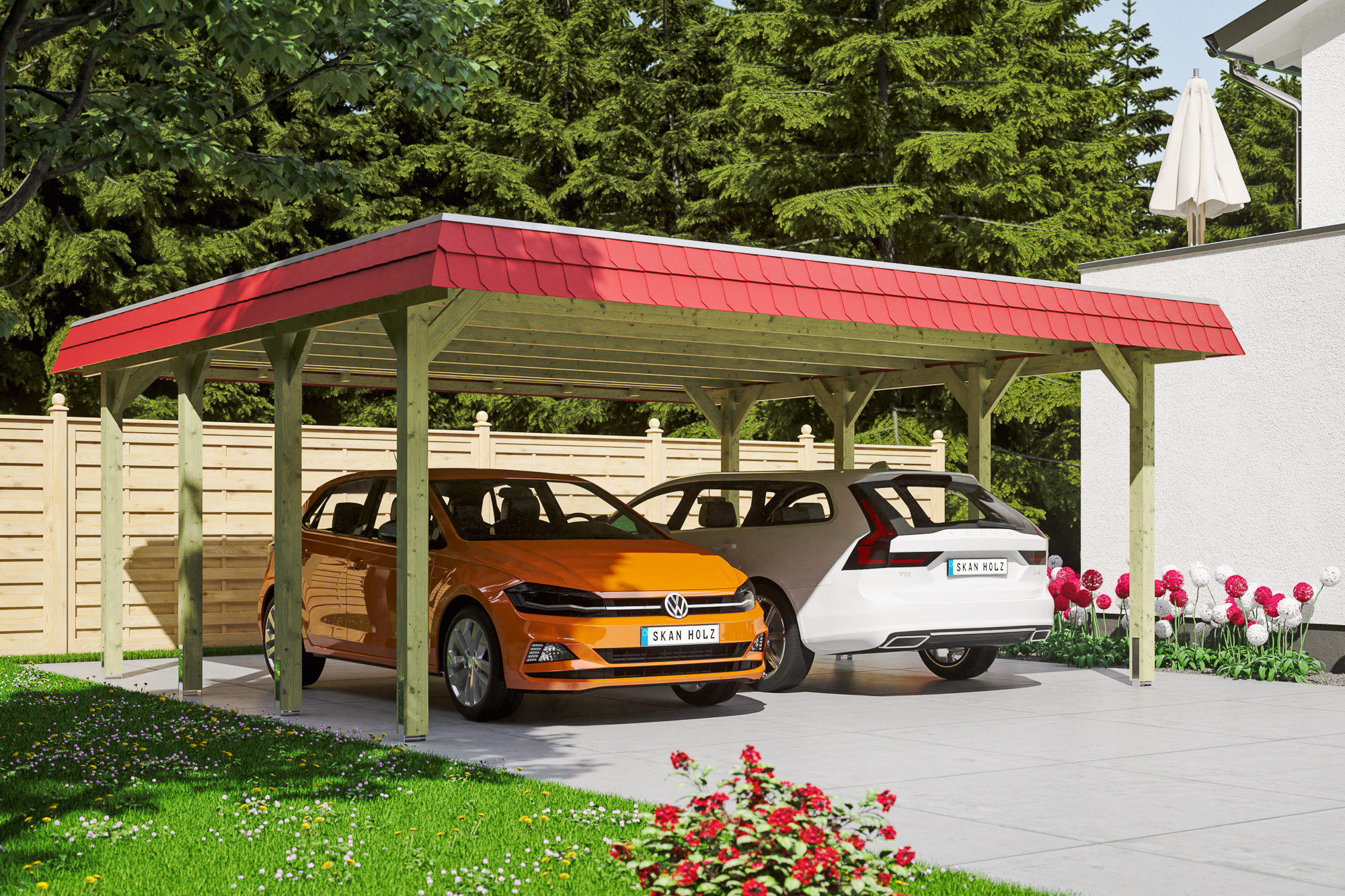 Ambientebild: Carport Spreewald 585 x 589 cm mit roter Blende, grün imprgniert