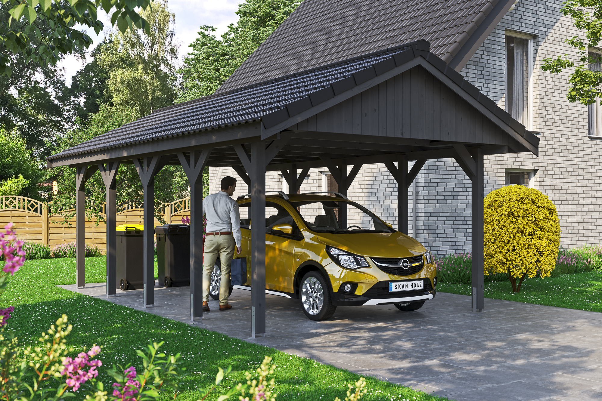 Ambientebild: Carport Wallgau 430 x 750 cm, mit Dachziegeln, farblich behandelt in schiefergrau