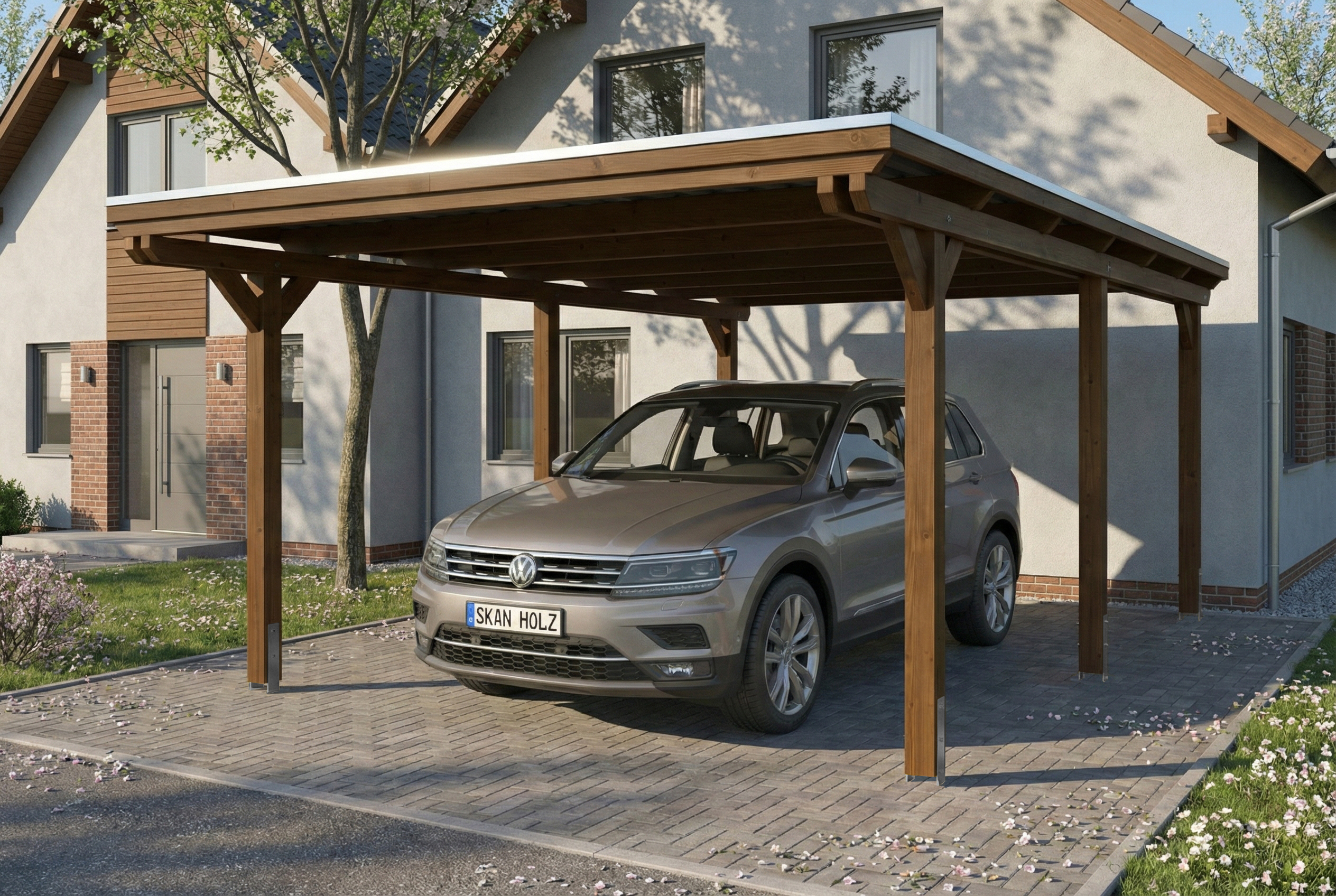 Carport Emsland 402 x 604 cm, stalen dakplaten met antiek condensvlies, walnoot