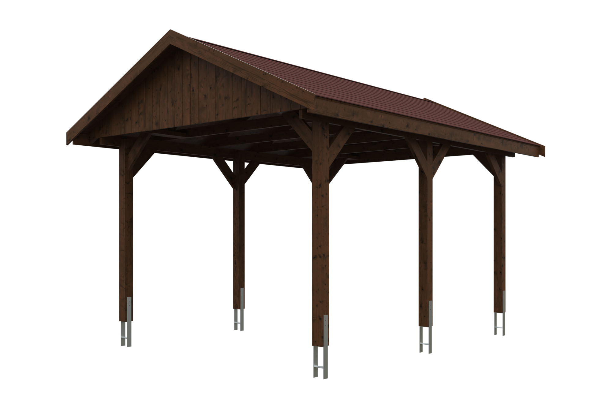 Produktbild: Carport Wallgau 380 x 500 cm, mit roten Dachschindeln, farblich behandelt in nussbaum