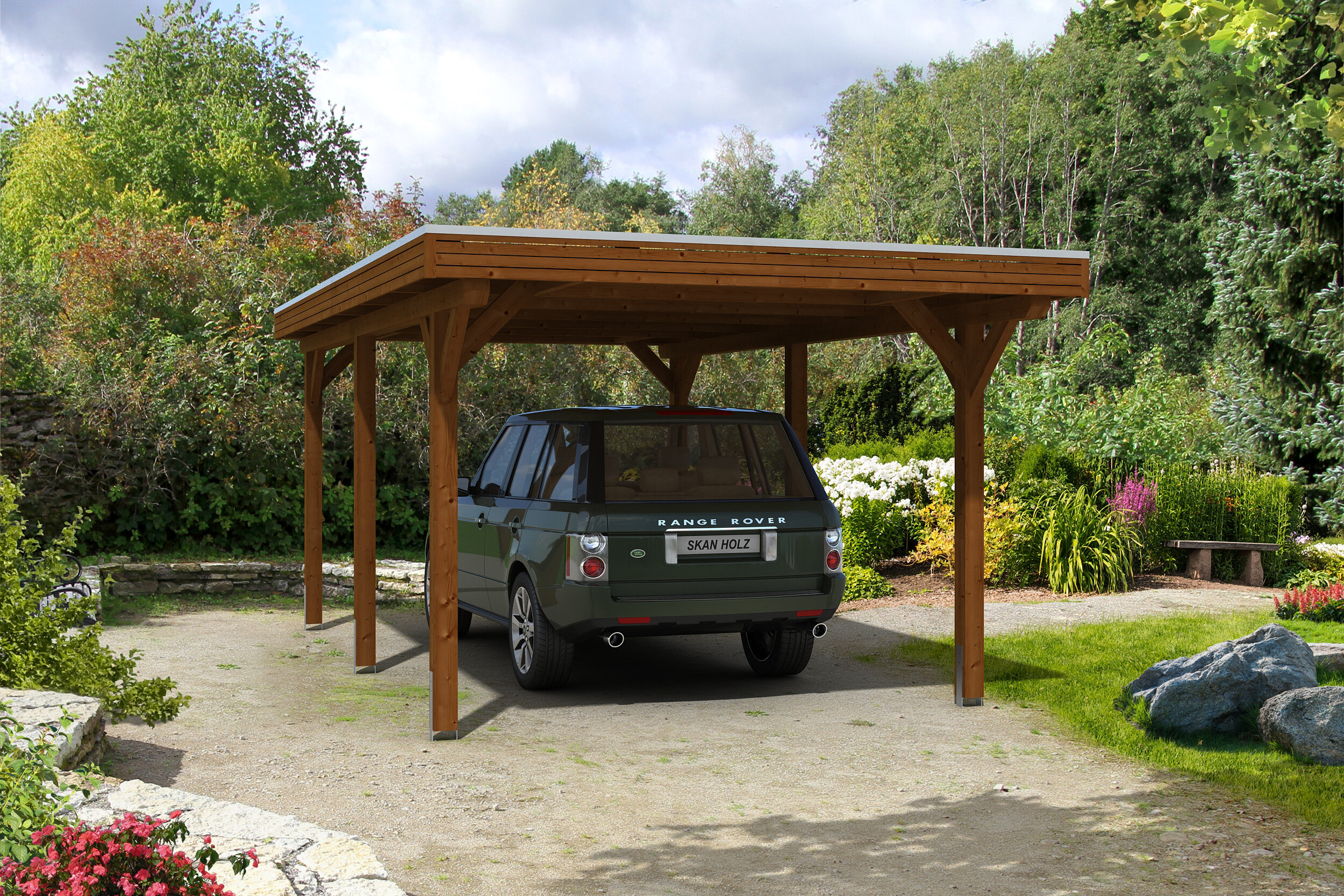 Carport Spessart 355 x 604 cm, gelakt in noten, met Aluminium dakplaten