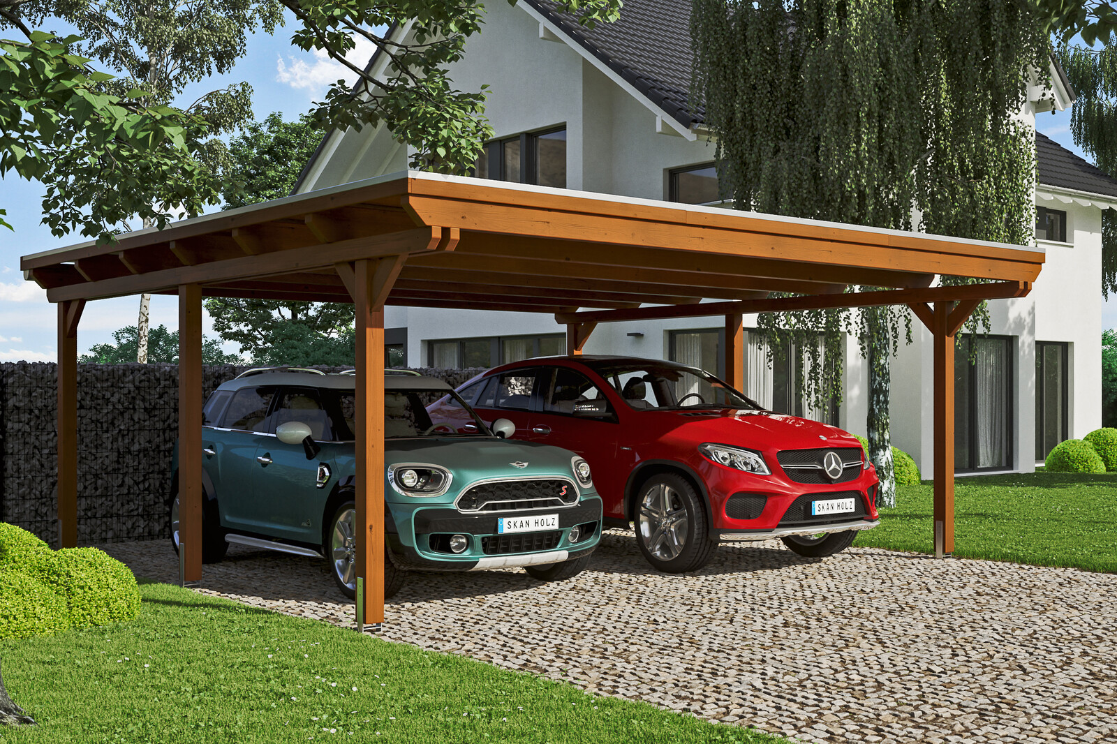 Carport Emsland 613 x 604 cm, gelakt in noten, met Aluminium dakplaten