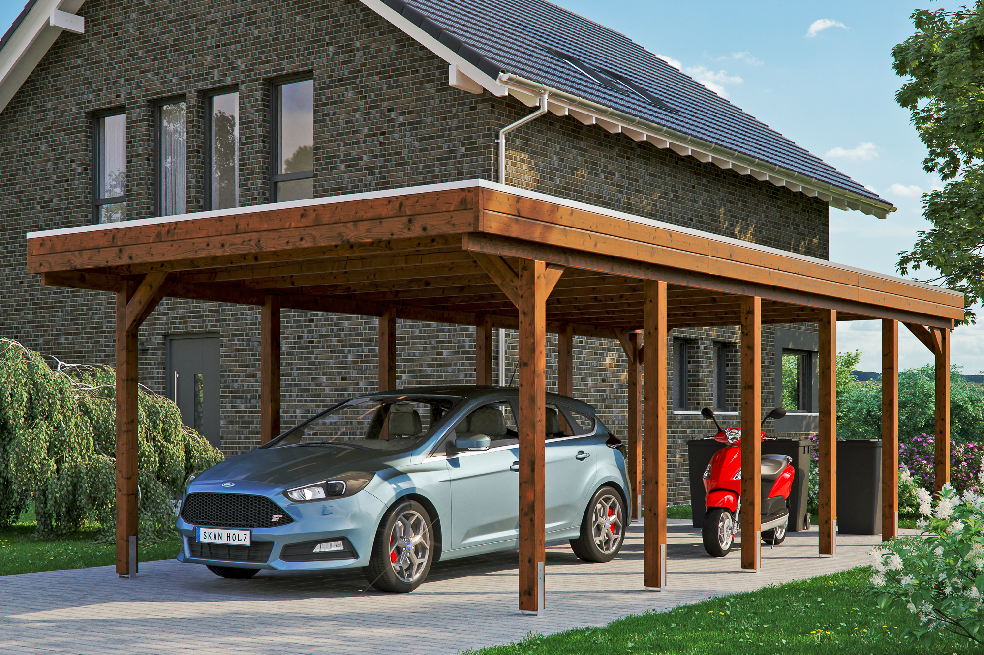 Ambientebild: Carport Friesland 397 x 860 cm, farblich behandelt in nussbaum
