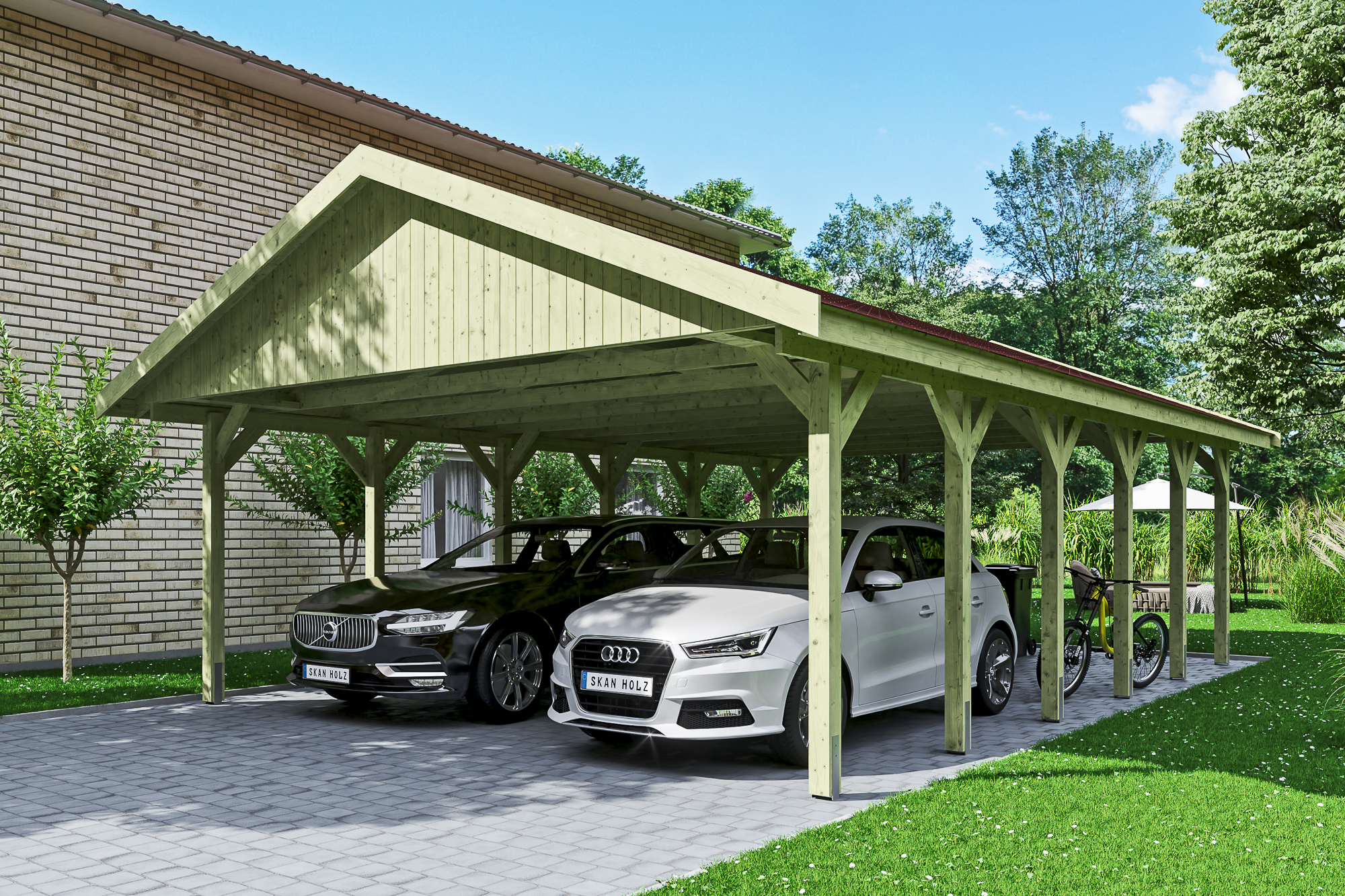 Ambientebild: Carport Wallgau 620 x 900 cm, mit roten Dachschindeln, grün imprägniert 