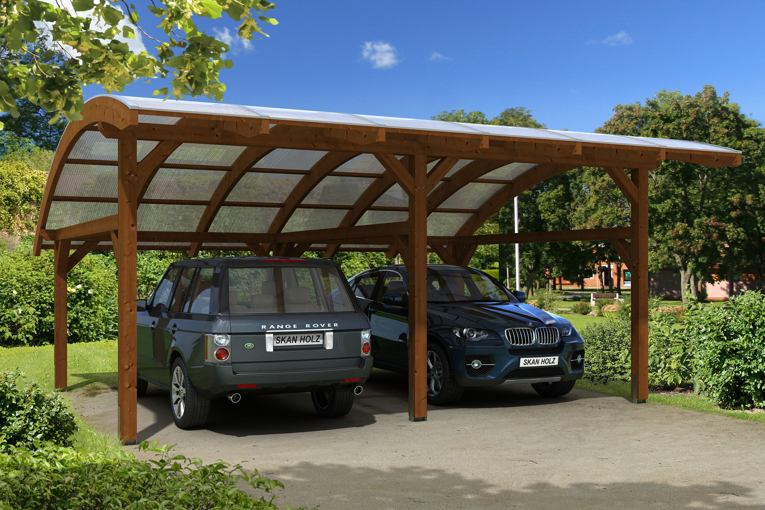Ambientebild: Carport Schwaben 648 x 630 cm, farblich behandelt in nussbaum
