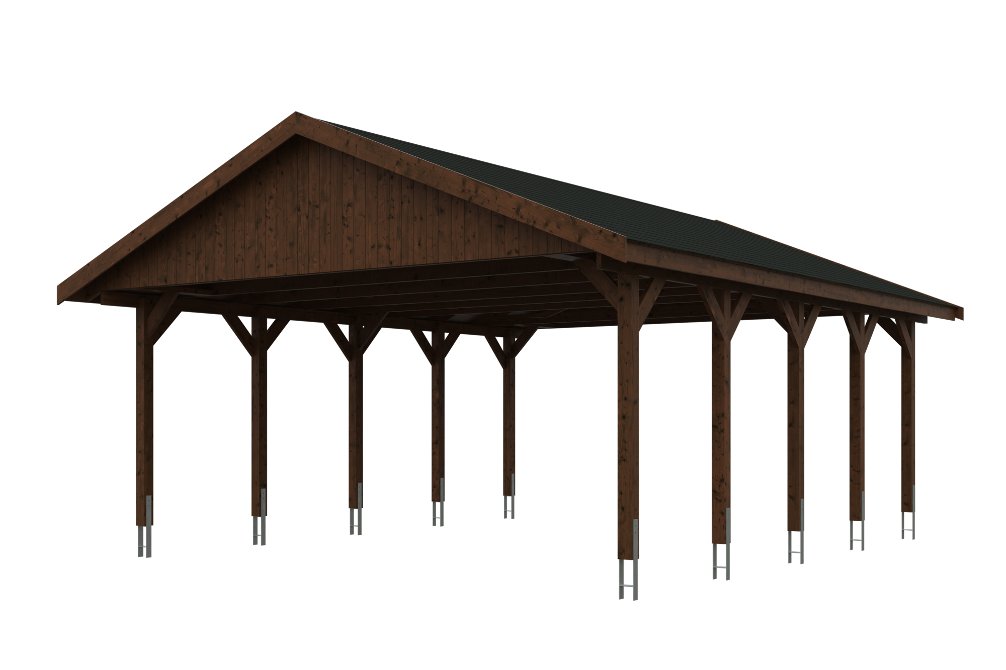 Produktbild: Carport Wallgau 620 x 750 cm, mit schwarzen Dachschindeln, farblich behandelt in nussbaum