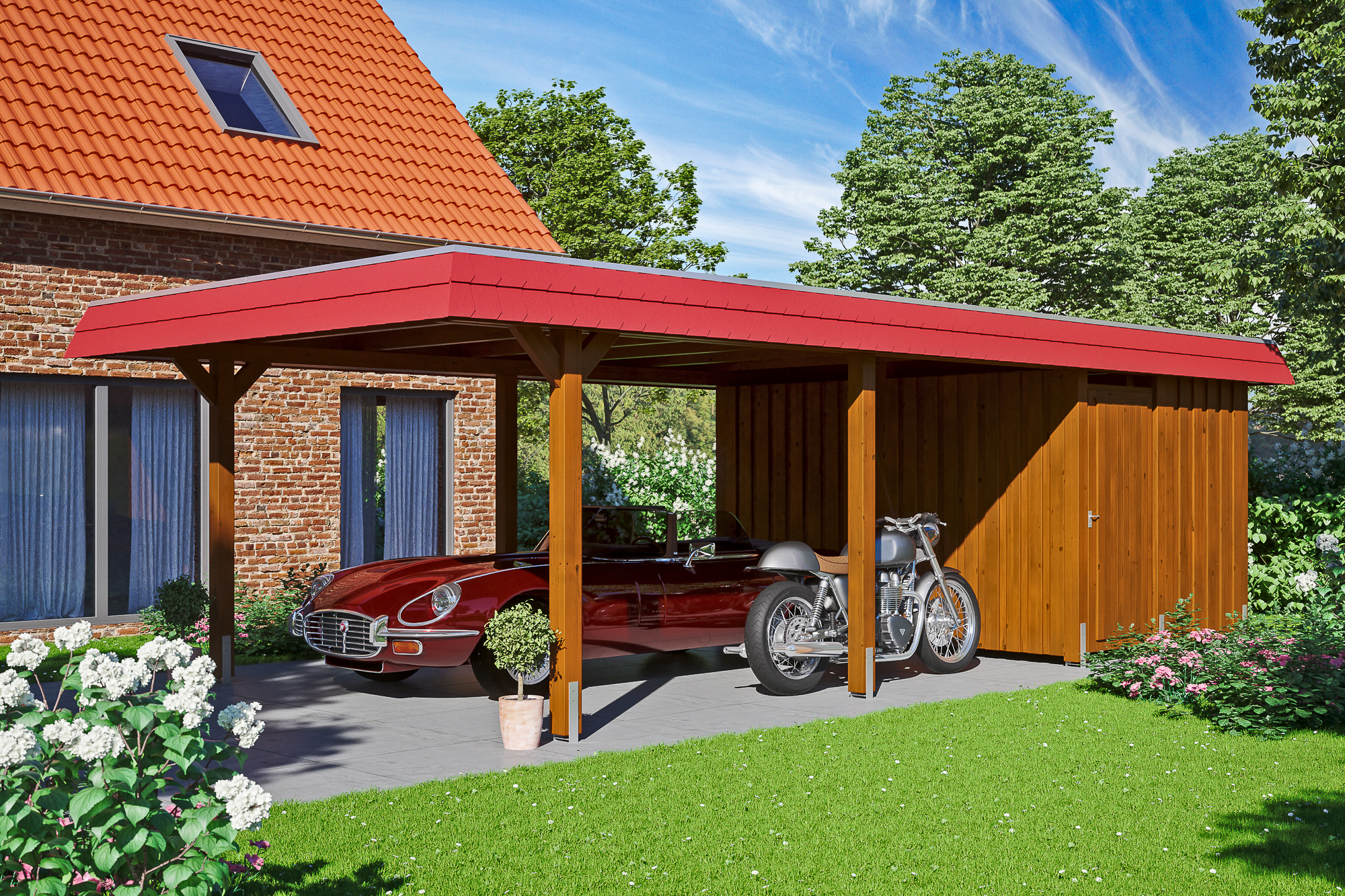 Ambientebild: Carport Wendland 409 x 870 cm, mit Abstellraum, mit roter Blende, farblich behandelt in nussbaum
