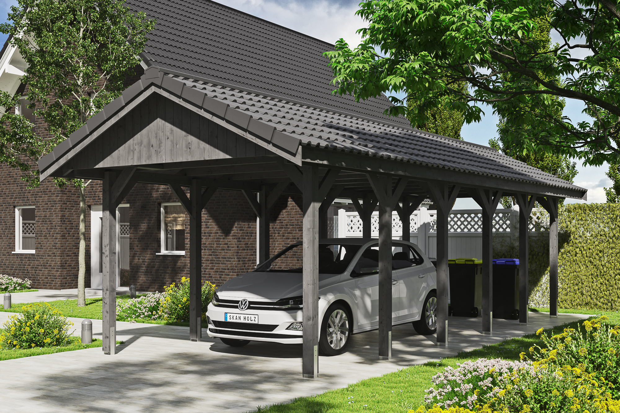 Ambientebild: Carport Wallgau 380 x 900 cm, mit Dachziegeln, farblich behandelt in schiefergrau