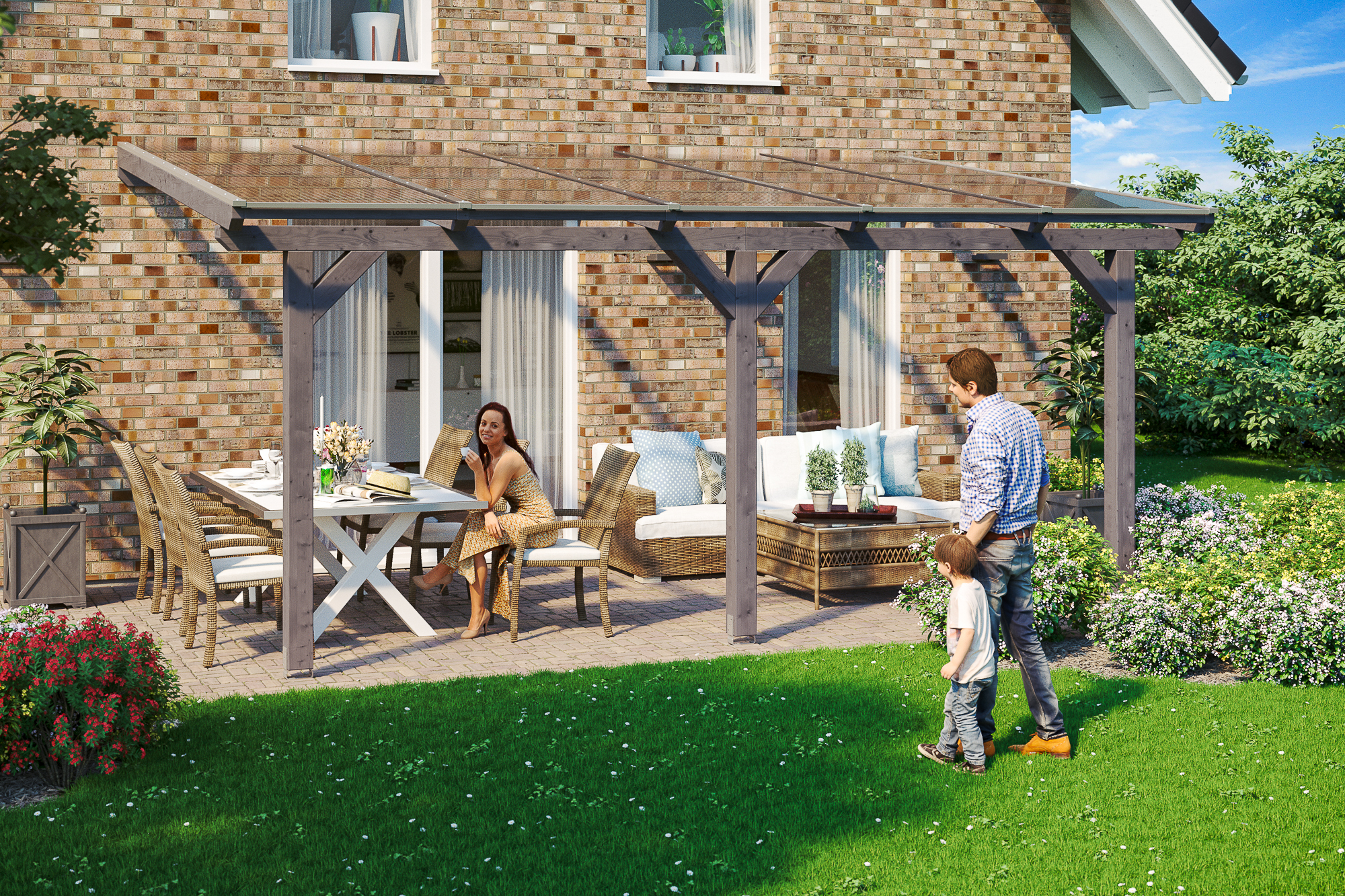 Terrasoverkapping Andria 541 x 300 cm, gelamineerd hout, gelakt in leigrijs