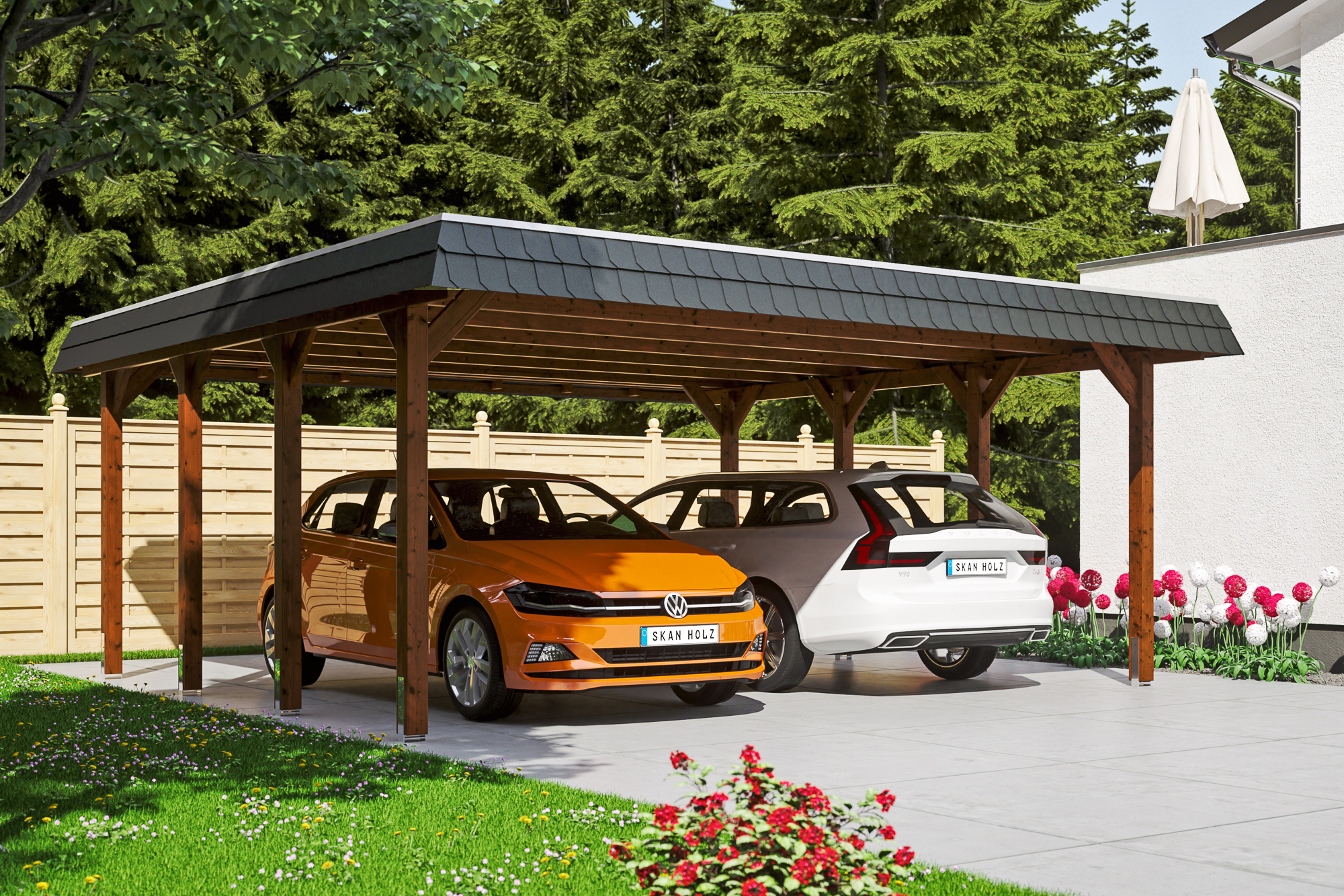Ambientebild: Carport Spreewald 585 x 589 cm mit schwarzer Blende, farblich behandelt in nussbaum