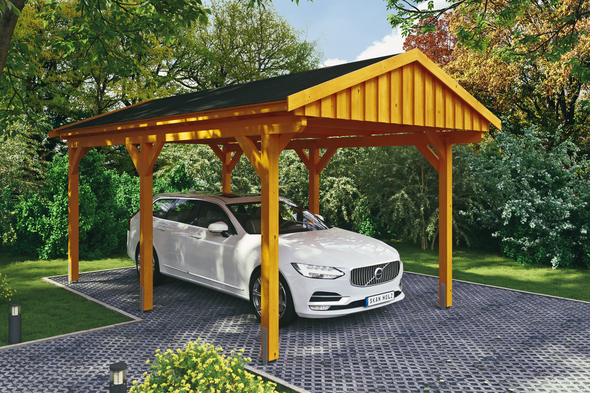 Ambientebild: Carport Fichtelberg 317 x 566 cm, farblich behandelt in eiche hell, mit schwarzen Dachschindeln