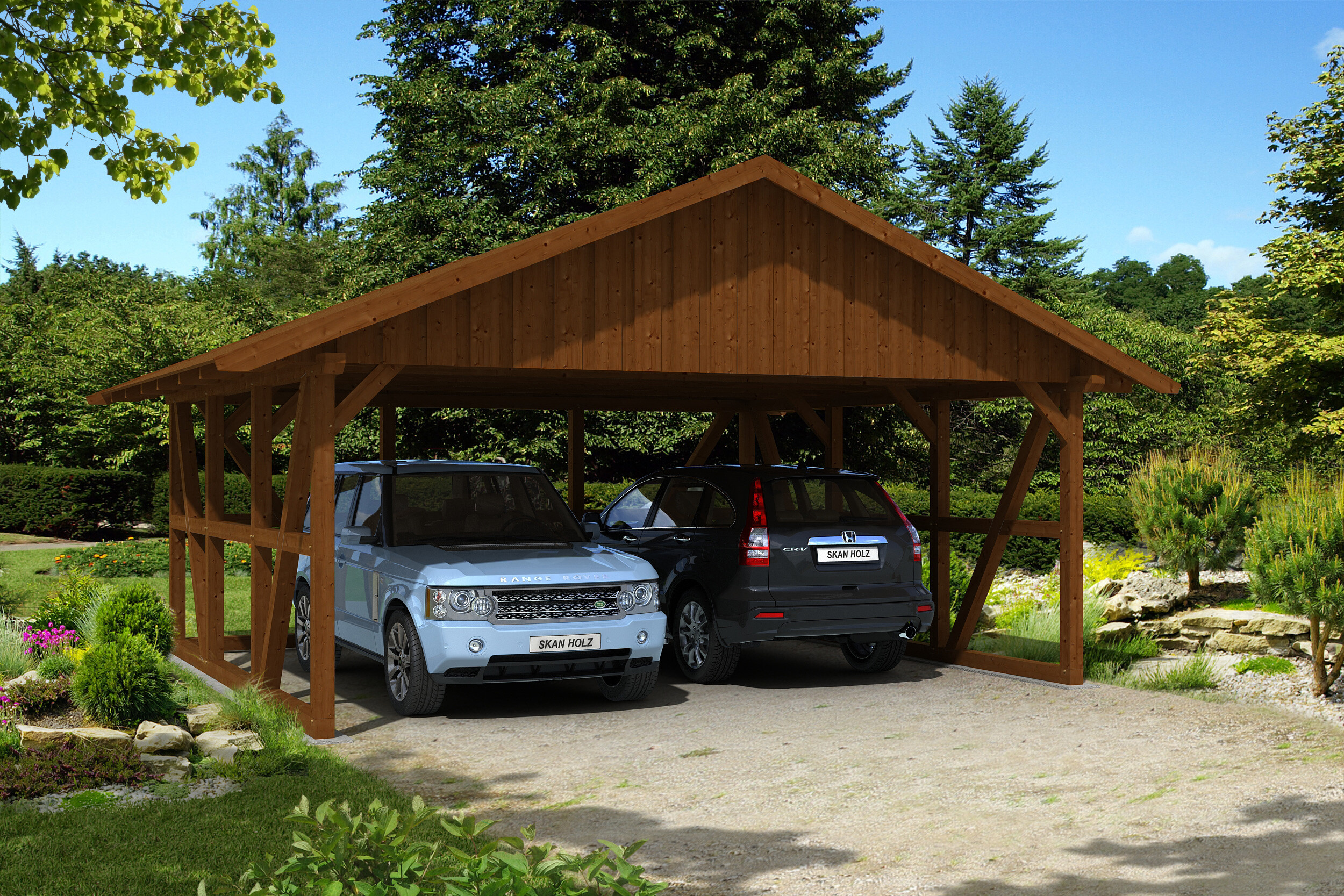 Carport Schwarzwald 684 x 600 cm mit Rückwand, nussbaum, mit Dachschalung