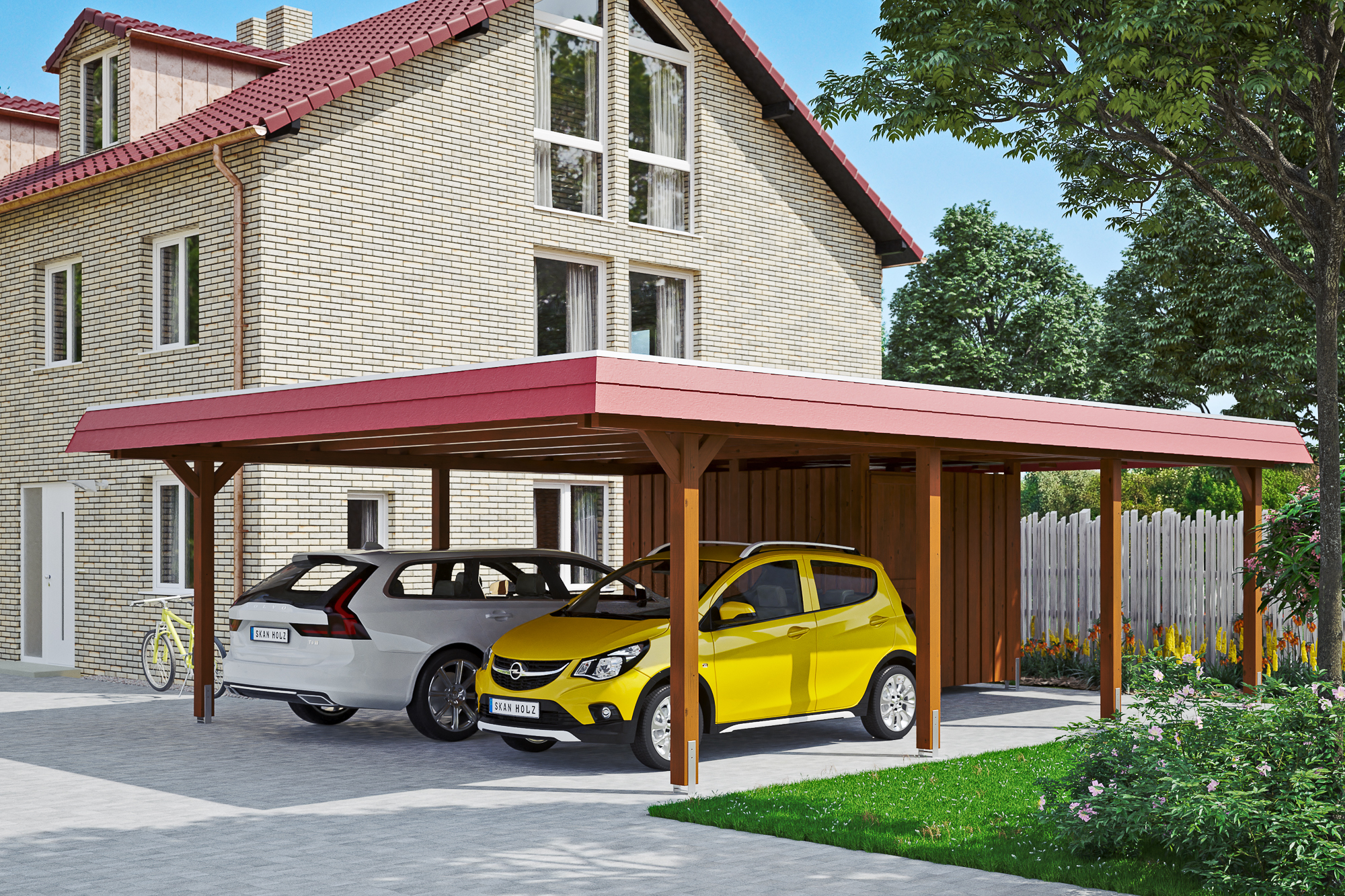 Ambientebild: Carport Wendland 630 x 879 cm, mit Abstellraum, mit roter Blende, farblich behandelt in nussbaum
