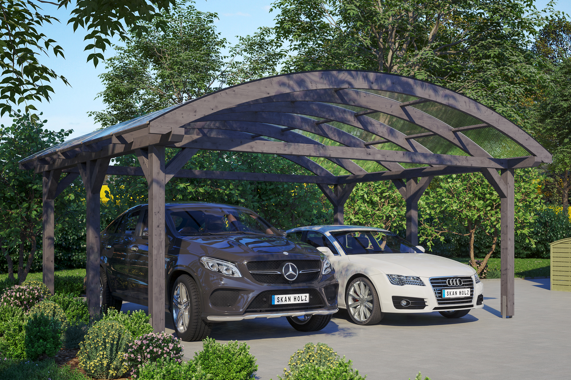 Carport Franken 635 x 541 cm, gelakt in leigrijs, met polycarbonaatplaten