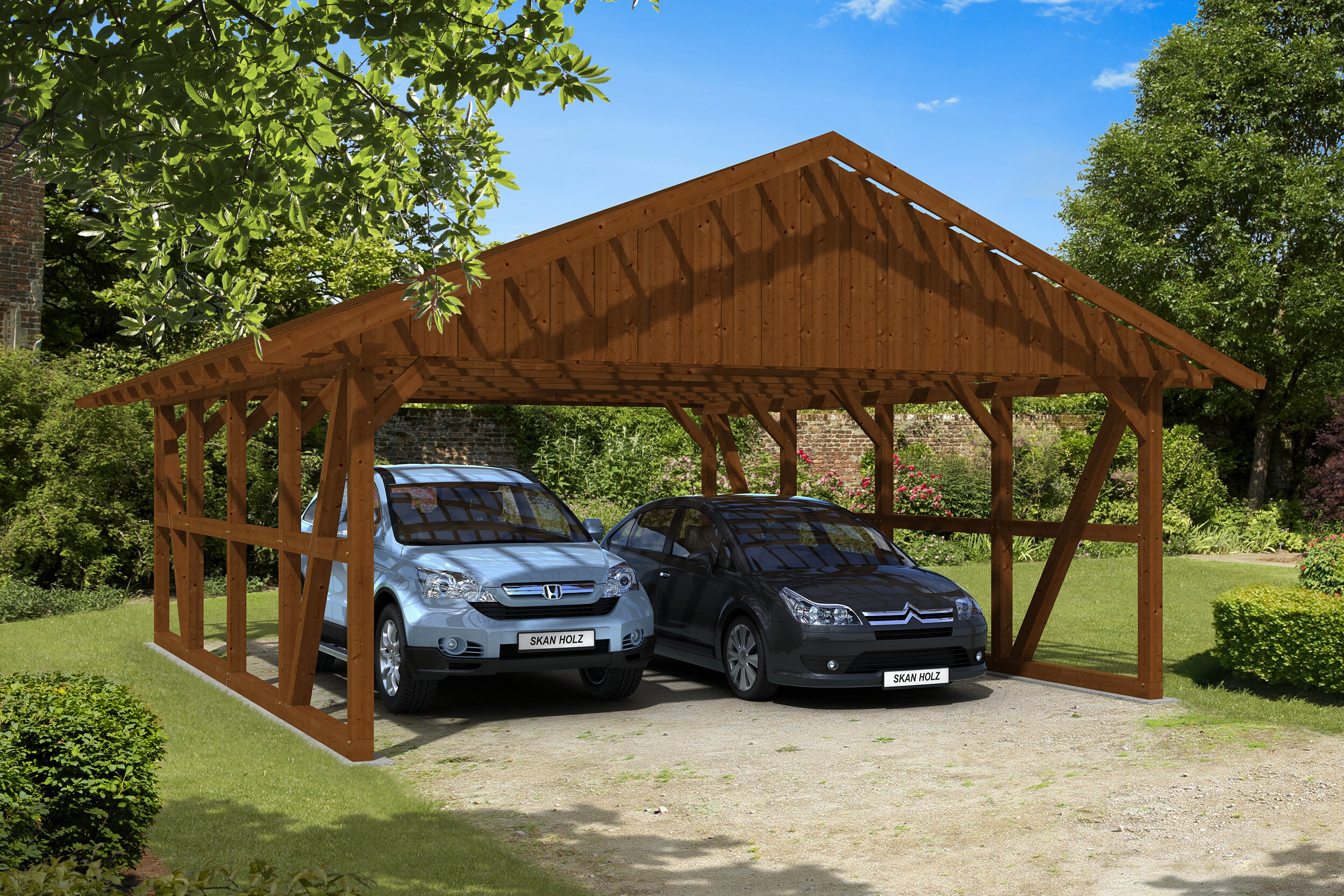 Carport Schwarzwald 684 x 772 cm, nussbaum, mit Dachlattung