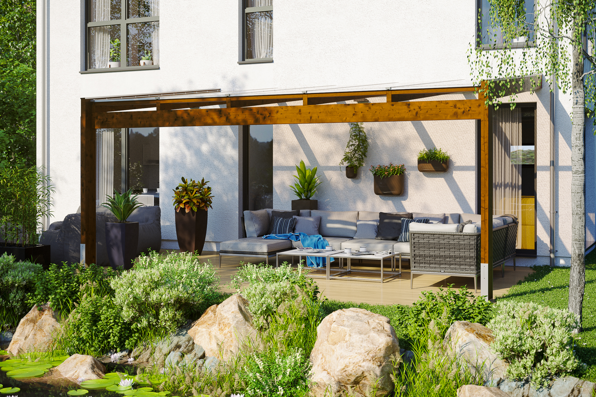 Ambientebild: Terrassenüberdachung Novara, Breite 557 cm, farblich behandelt in nussbaum