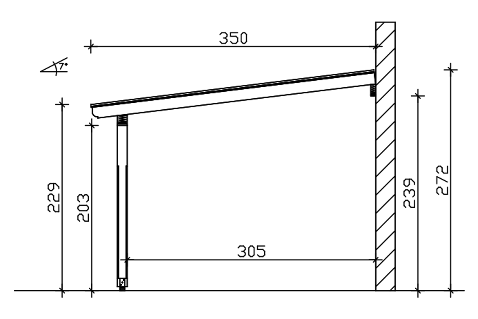 Grafik (Schnitt): Terrassenüberdachung Rimini, Tiefe 350 cm
