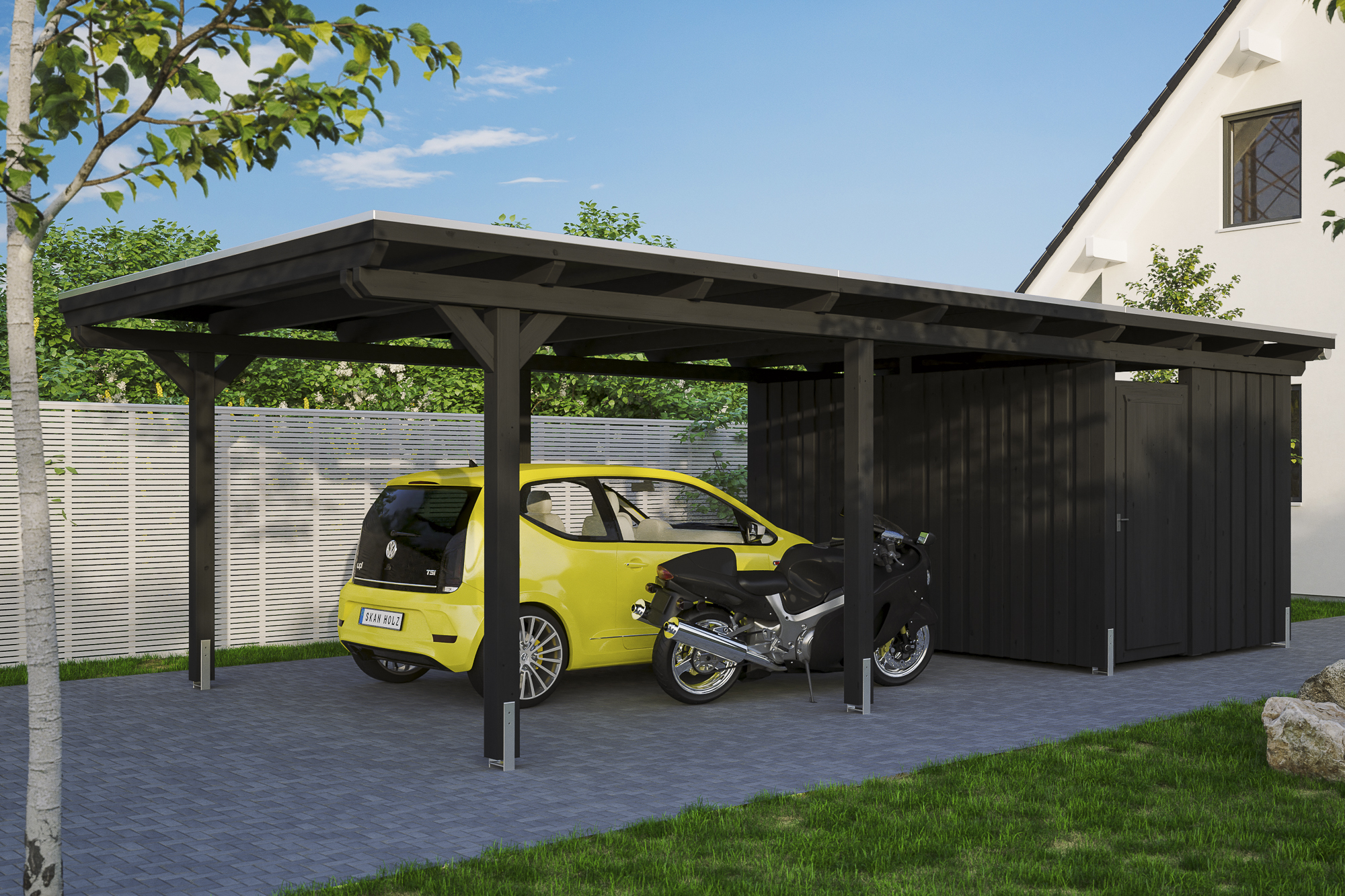 Ambientebild: Carport Emsland 404 x 846 cm mit Abstellraum, farblich behandelt in anthrazit