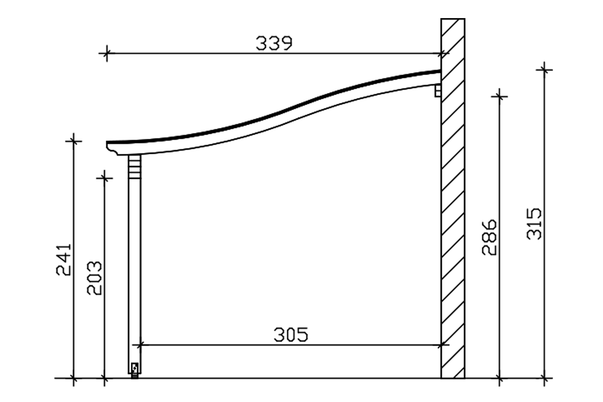 Grafik (Schnitt): Terrassenüberdachung Verona, Tiefe 339 cm