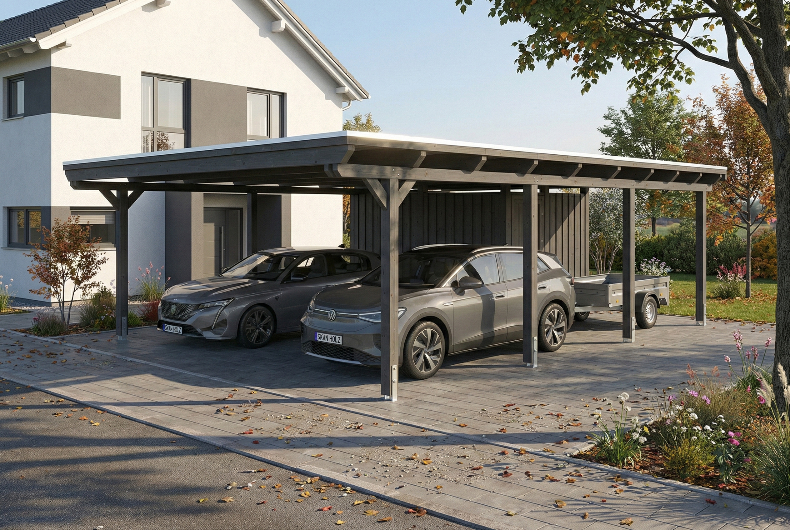 Carport Emsland 609 x 846 cm, Stahl-Dachplatten mit Antikondensvlies, mit Abstellraum, schiefergrau