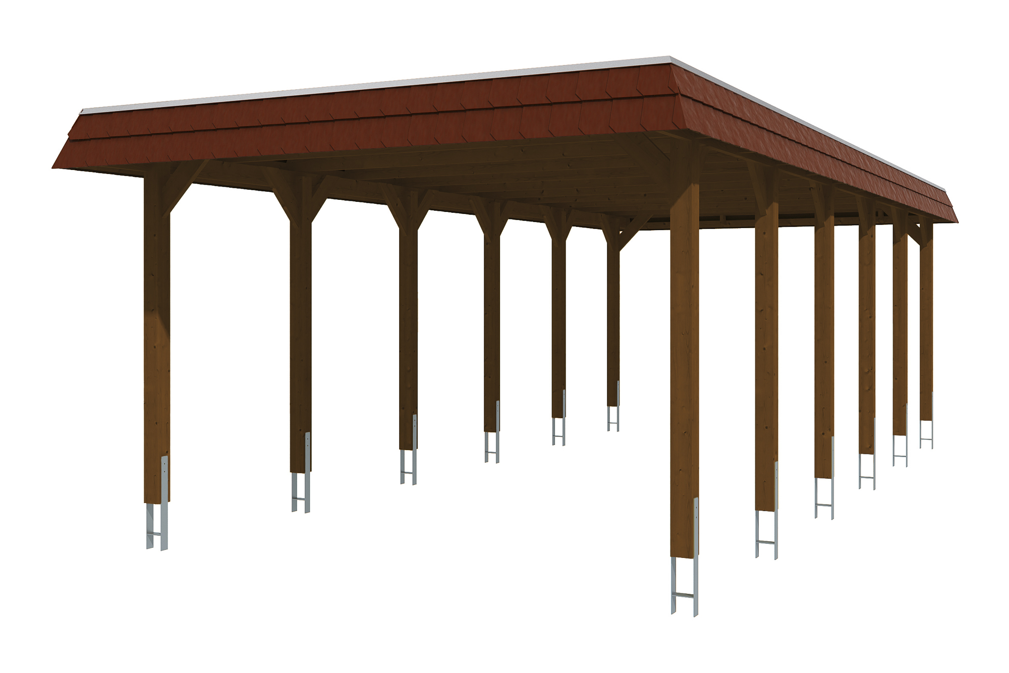 Produktbild: Carport Spreewald 396 x 893 cm mit roter Blende, farblich behandelt in nussbaum
