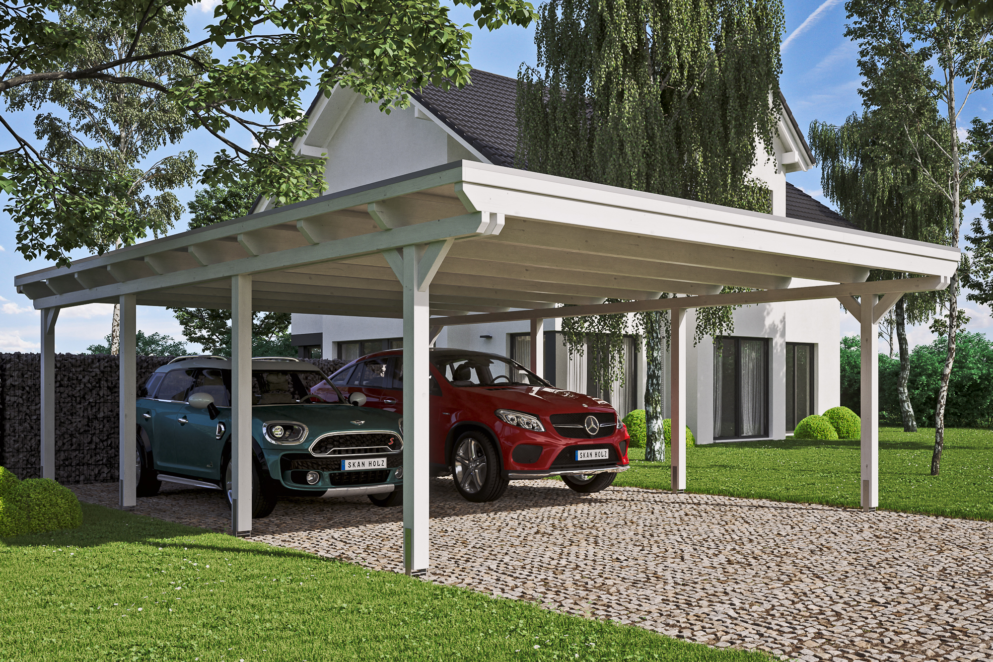 Ambientebild: Carport Emsland 613 x 846 cm, farblich behandelt in weiß