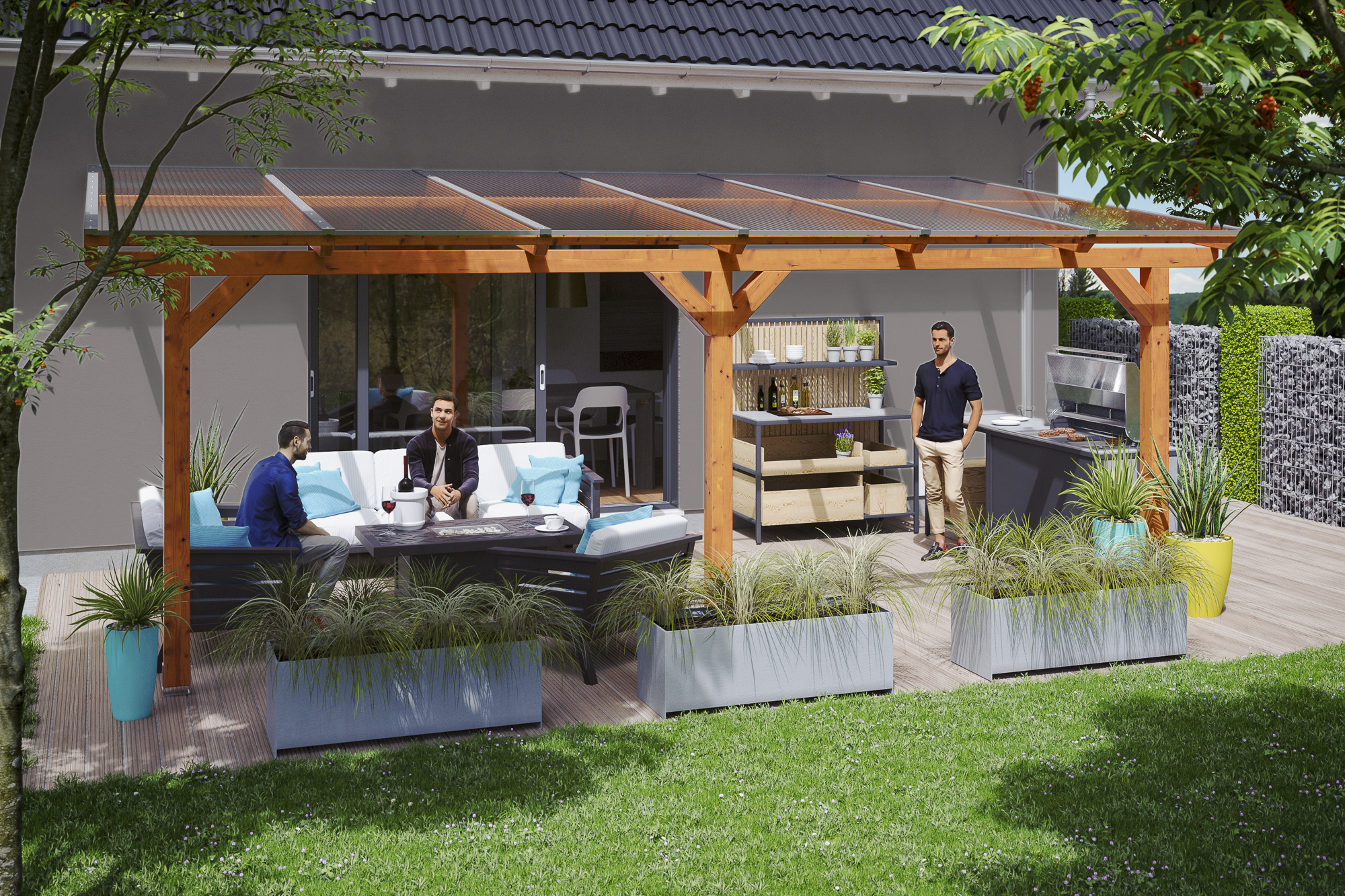 Terrasoverkapping Bormio 648 x 300 cm, gelamineerd hout, gelakt in licht eiken