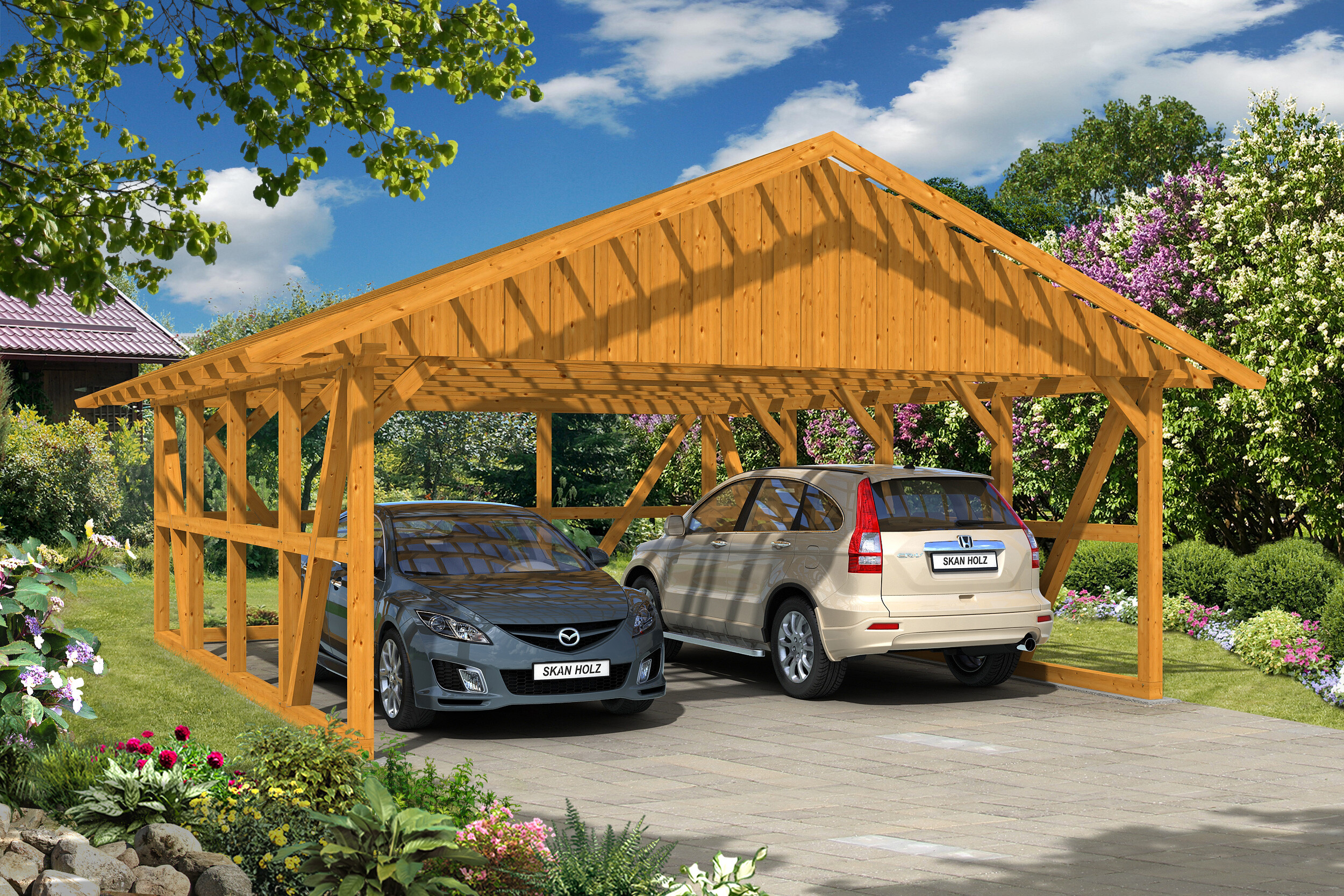 Ambientebild: Carport Schwarzwald 684 x 772 cm mit Rückwand, mit Dachlatten, farblich behandelt in eiche hell