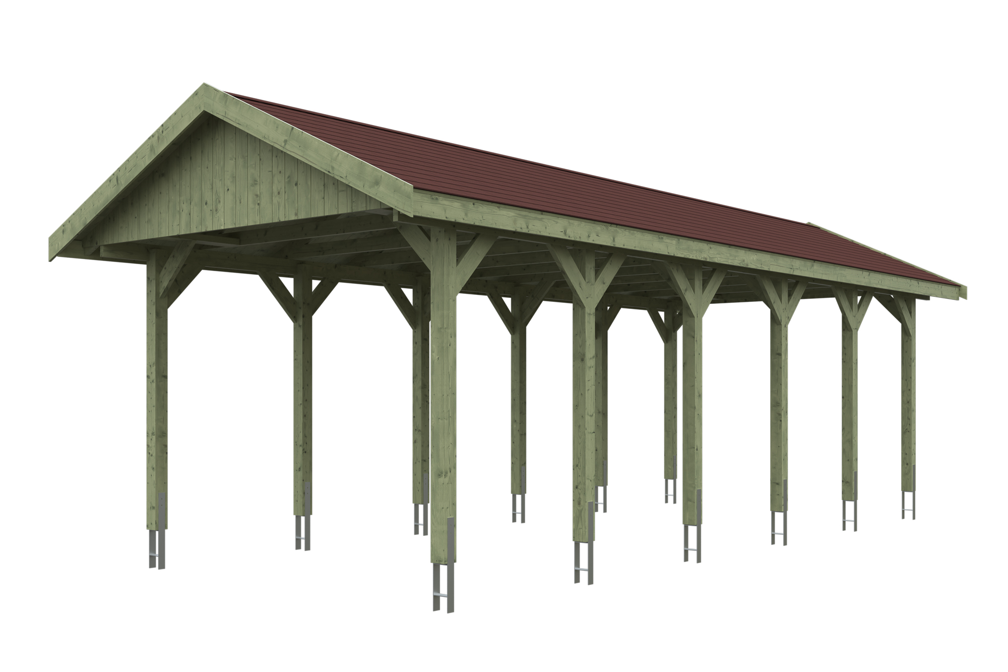 Produktbild: Carport Wallgau 380 x 900 cm, mit roten Dachschindeln, grün imprägniert