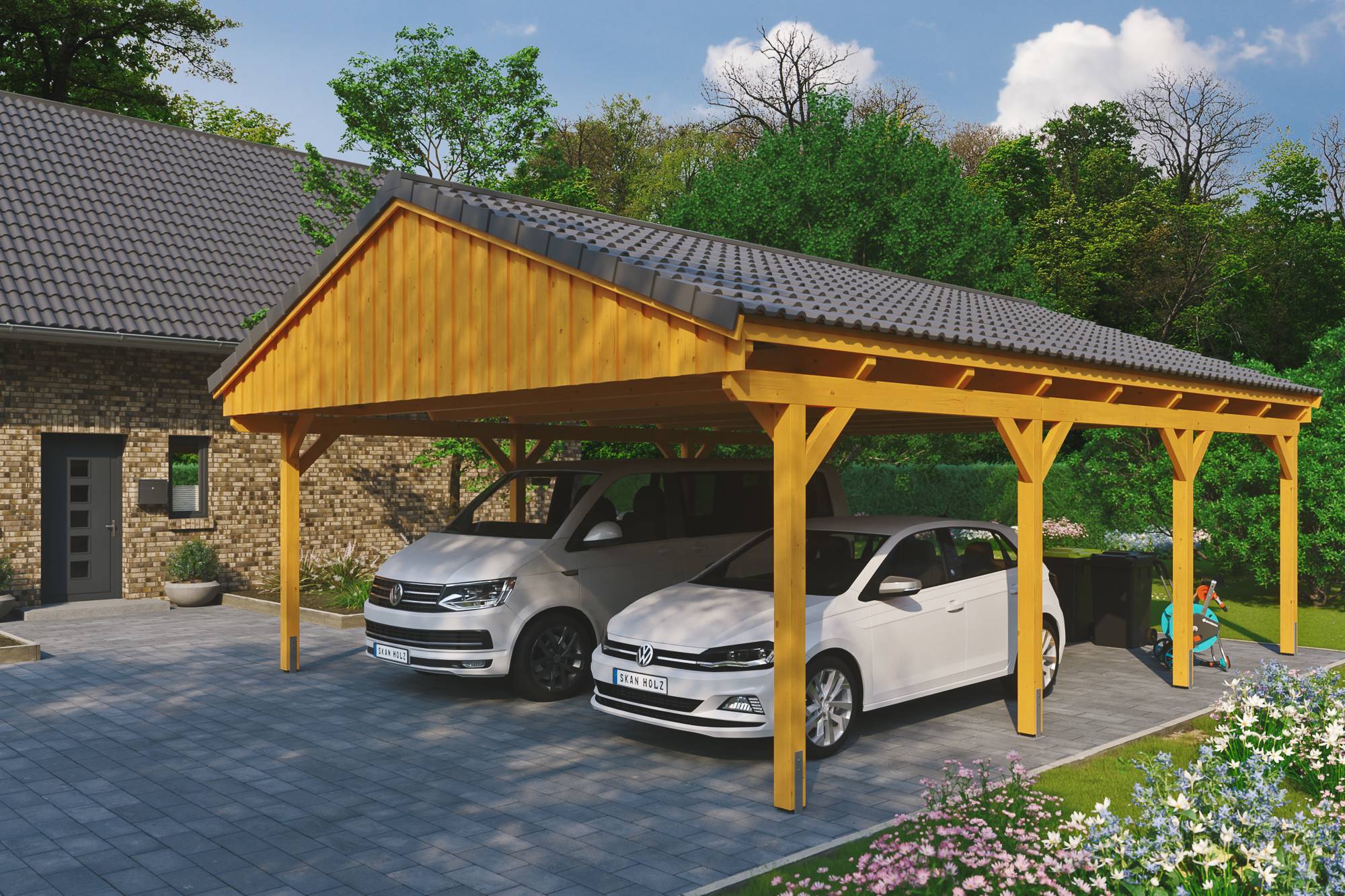 Ambientebild: Carport Fichtelberg 618 x 808 cm, farblich behandelt in eiche hell, mit Dachziegeln