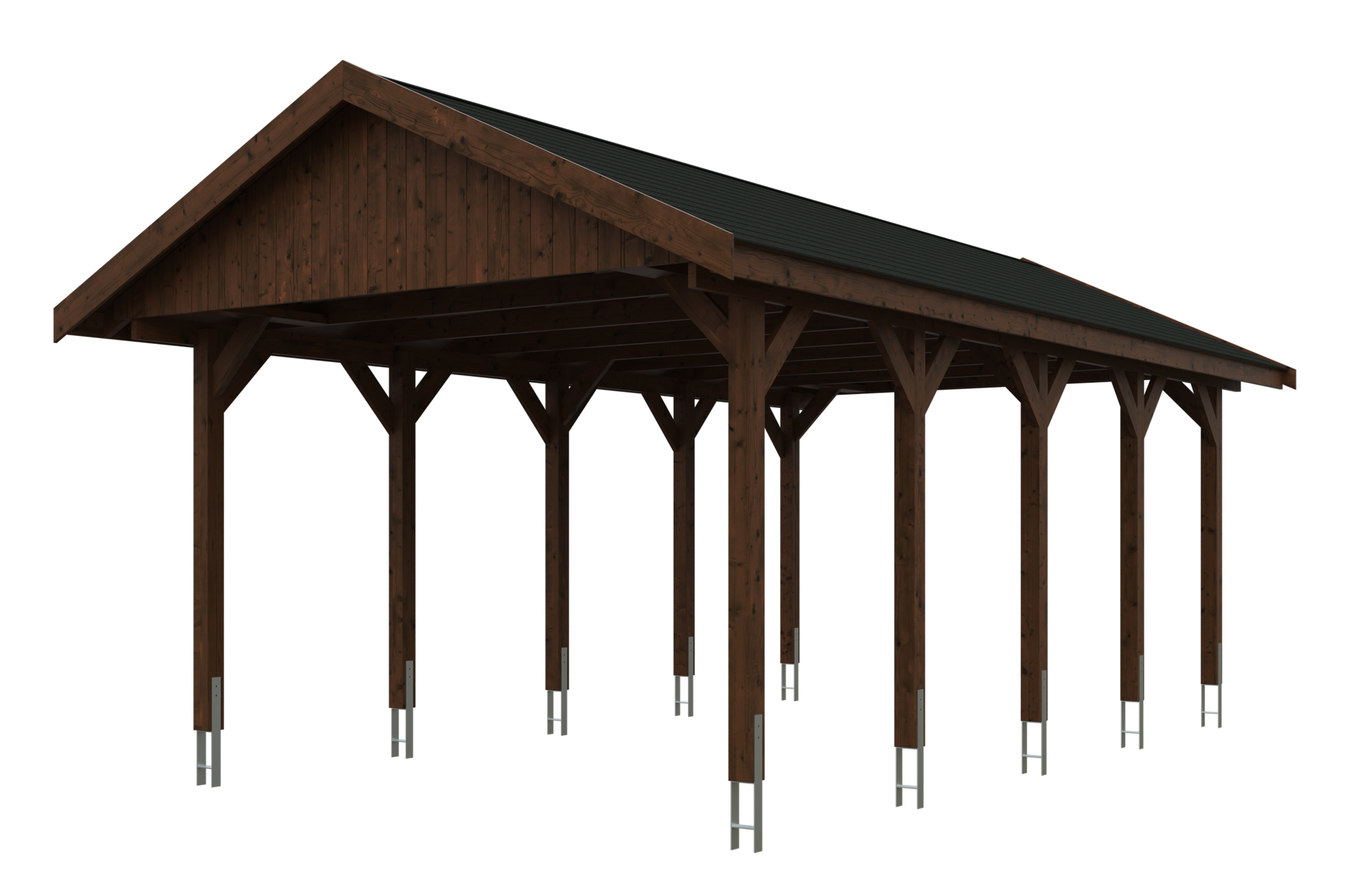 Produktbild: Carport Wallgau 430 x 750 cm, mit schwarzen Dachschindeln, farblich behandelt in nussbaum